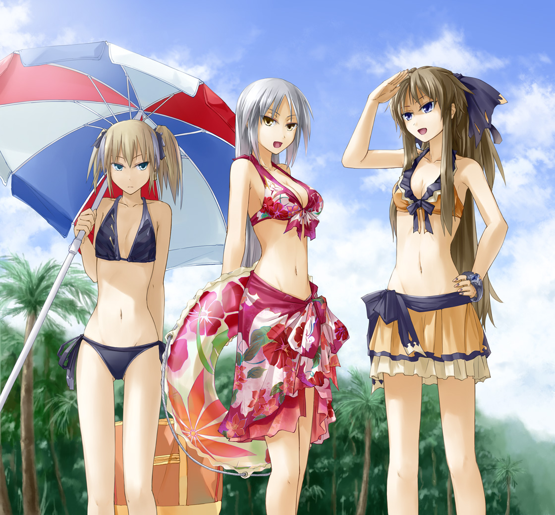 tomo (machinemess), original, silver hair, bad id, bad pixiv id, 3girls, :d, aqua eyes, arms behind back, bare shoulders, beach umbrella, bikini, bikini skirt, blonde hair, blue eyes, bracelet, breasts, brown hair, cleavage, cloud, day, floral print, front-tie top, groin, hand on own hip, hip focus, innertube, jewelry, long hair, medium breasts, multiple girls, navel, open mouth, palm tree, sarong, shading eyes, short hair, side-tie bikini bottom, skirt, sky, smile, swim ring, swimsuit, tree, umbrella, very long hair, yellow eyes