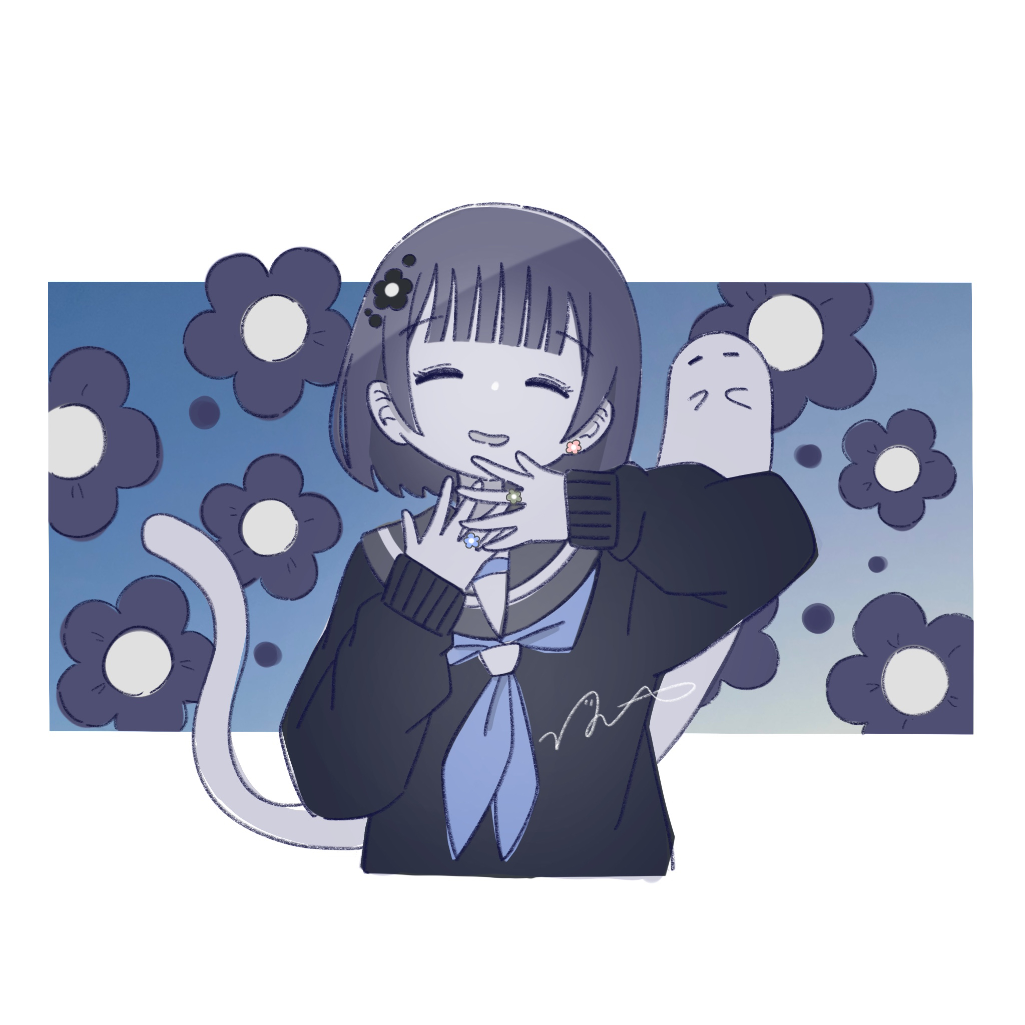 omochi noa, original, highres, 1girl, closed eyes, facing viewer, floral background, flower, ghost, hair flower, hair ornament, hands up, long sleeves, open mouth, outside border, school uniform, serafuku, short hair, signature, sleeves past wrists, smile, solo, upper body