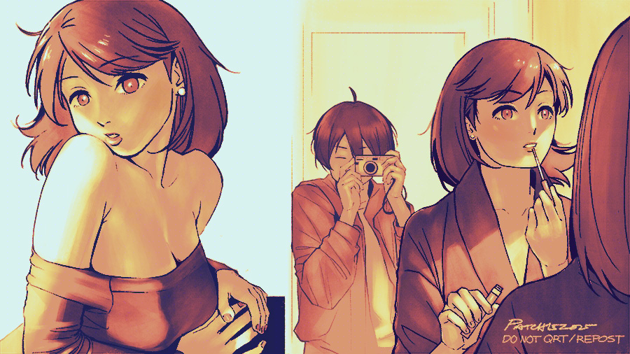 paaaatchieee, takeba yukari, yuuki makoto (persona 3), persona, persona 3, commentary, english commentary, 1boy, 1girl, ahoge, applying lipstick, applying makeup, applying own makeup, armpit crease, bare shoulders, bathrobe, breasts, brown eyes, brown hair, camera, cleavage, collarbone, dress, earrings, flipped hair, head on own shoulder, holding, holding camera, hood, hood down, hoodie, jewelry, large breasts, lips, long sleeves, medium hair, mirror, multiple views, off-shoulder dress, off shoulder, open clothes, open hoodie, parted lips, pearl earrings, reflection, sepia, short hair, signature, stud earrings, swept bangs, taking picture, upper body