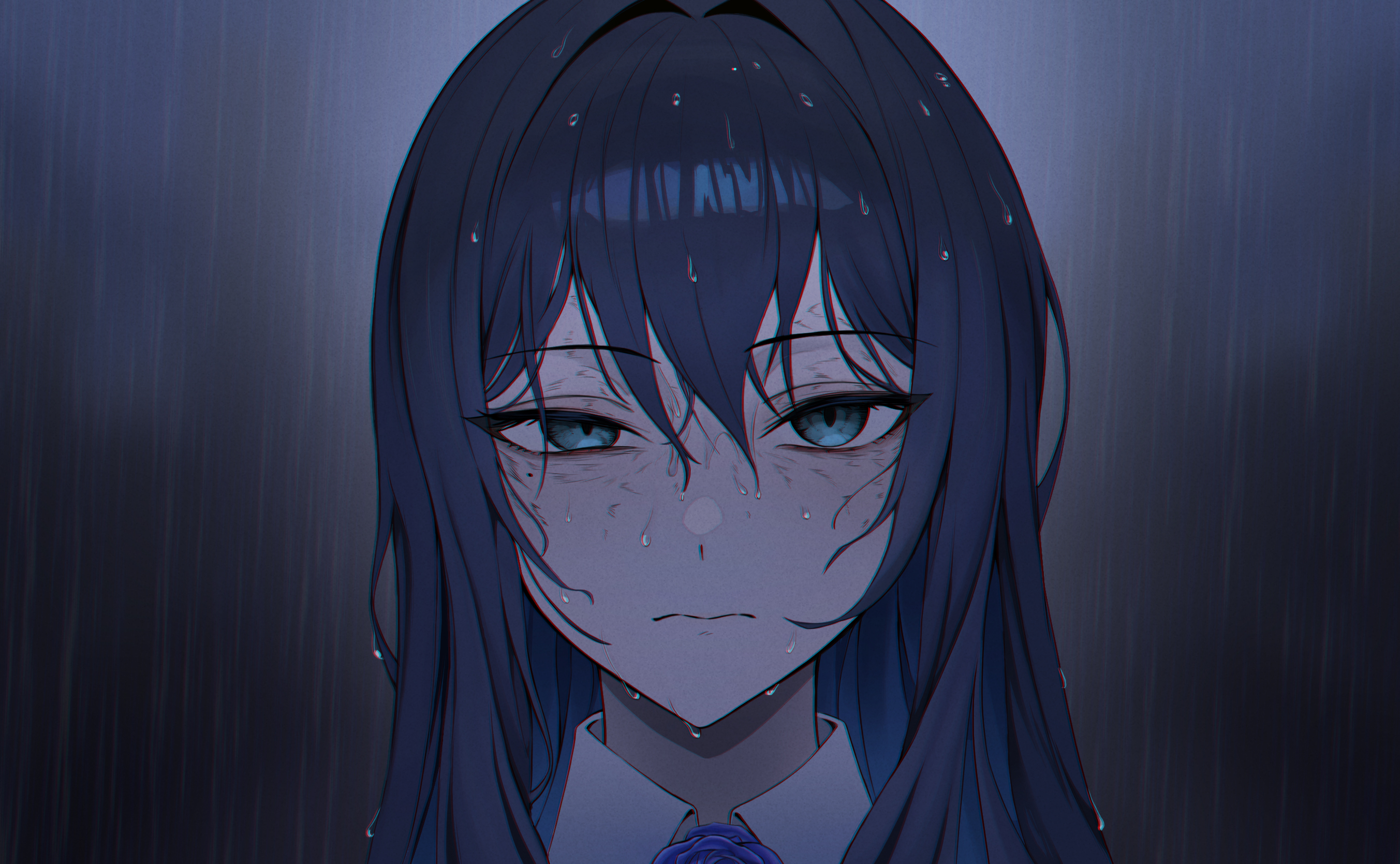 lusiperble, chando (ado), ado (utaite), chainsaw man, commentary, english commentary, highres, 1girl, blue eyes, blue hair, closed mouth, collared shirt, colored inner hair, hair between eyes, long hair, mole, mole under eye, multicolored hair, rain, reze's eye twitch (chainsaw man), shirt, water drop, wet, wet clothes, wet hair, wet shirt