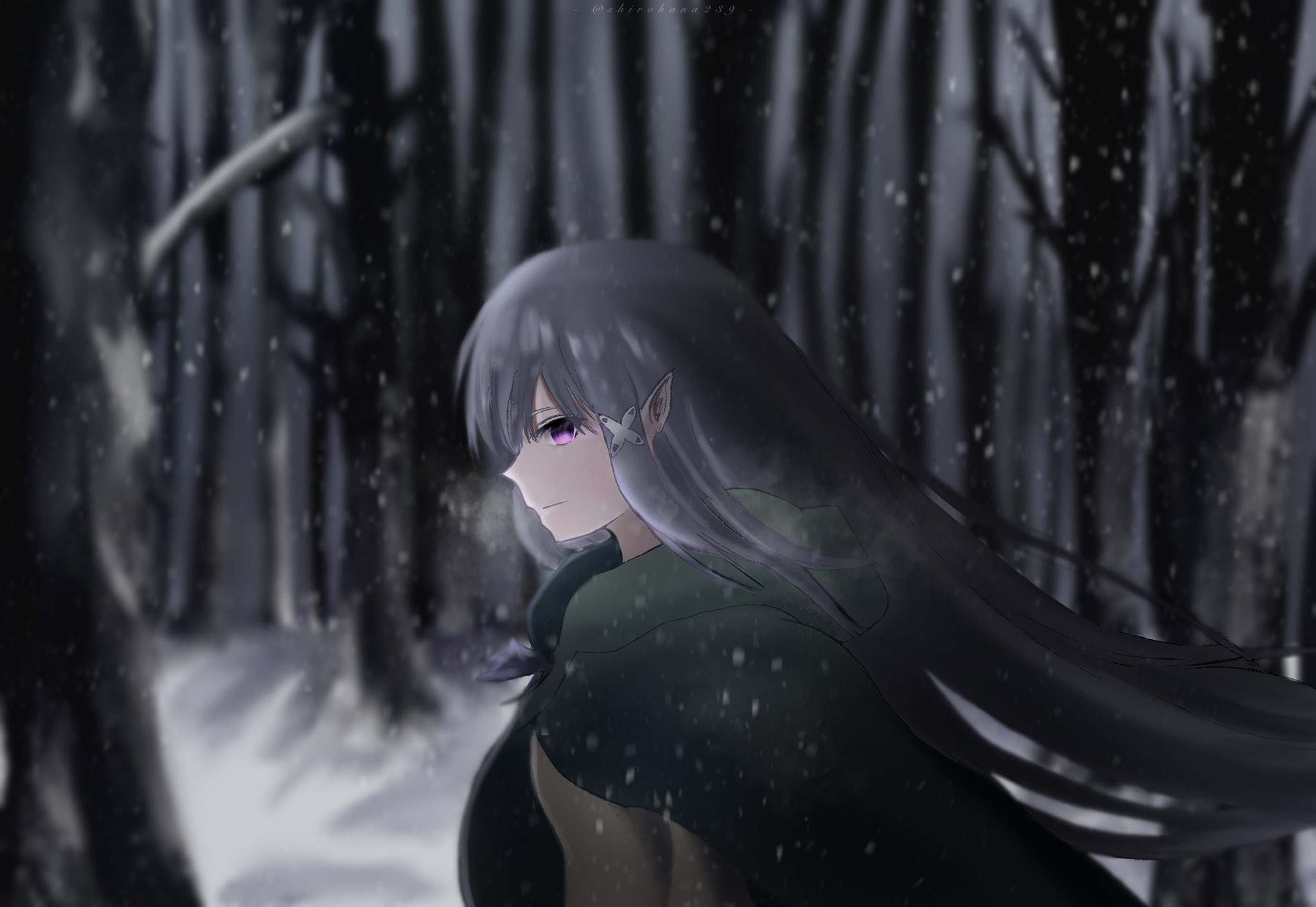 shirohana239, emilia (re:zero), re:zero kara hajimeru isekai seikatsu, commentary request, highres, 1girl, cloak, closed mouth, elf, flower, forest, green cloak, grey hair, hair ornament, hair ribbon, long hair, nature, pointy ears, purple eyes, ribbon, snow, snow on tree, snowflake background, snowflakes, snowing, solo, white flower, winter