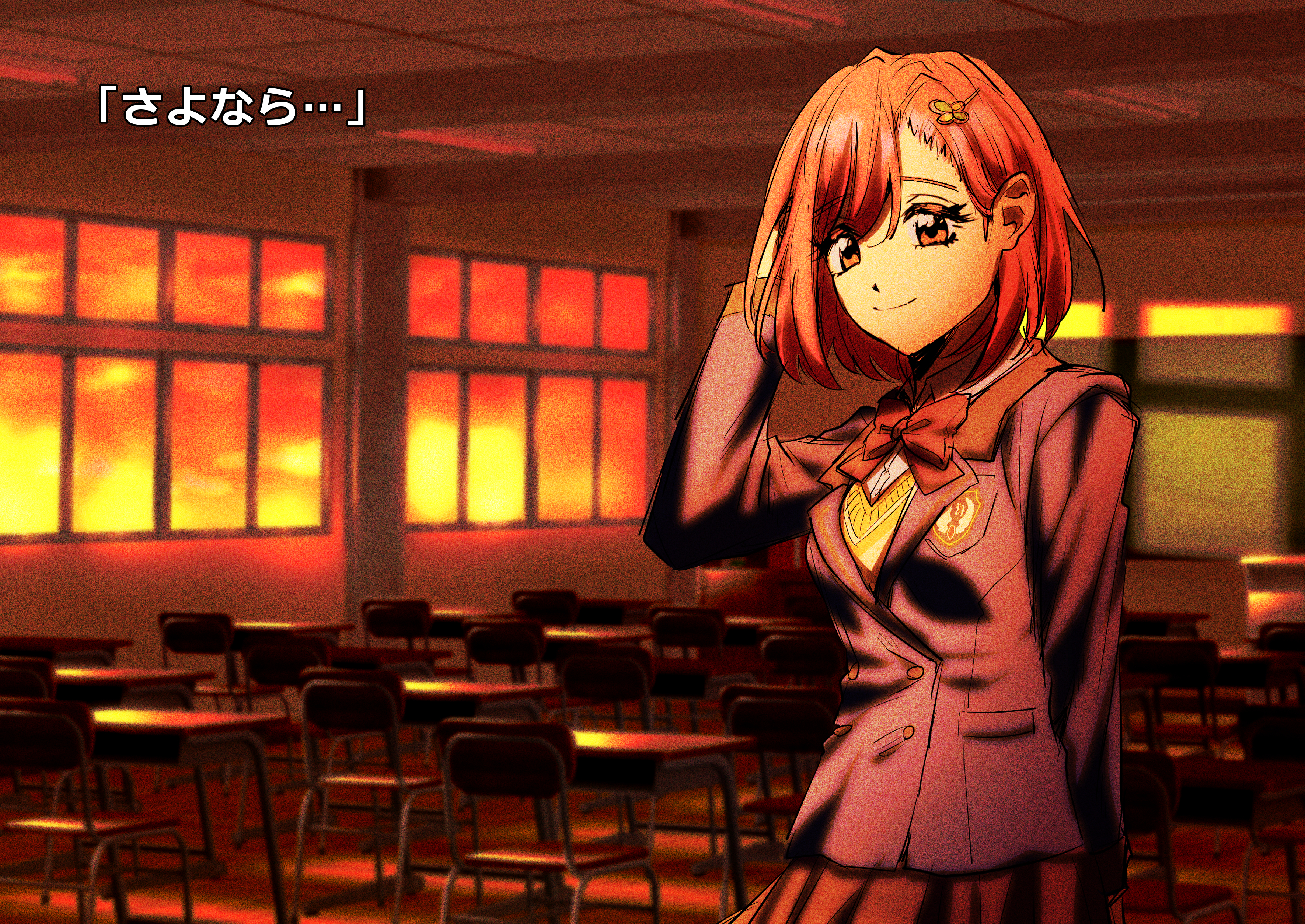 sasar1211, protagonist (tokimemo gs4), sayonara wo oshiete, tokimeki memorial, tokimeki memorial girl's side, tokimeki memorial girl's side 4th heart, absurdres, commentary request, highres, translated, 1girl, 2000s (style), arm behind head, black bow, black bowtie, black skirt, blazer, blue jacket, blurry, blurry background, bow, bowtie, buttons, classroom, closed mouth, clover hair ornament, collared shirt, double-breasted, fake screenshot, four-leaf clover hair ornament, hair behind ear, hair between eyes, hair ornament, indoors, jacket, lapels, looking at viewer, notched lapels, orange eyes, parody, parted bangs, pink hair, pleated skirt, school uniform, shirt, short hair, skirt, smile, solo, sunset, sweater vest, upper body, visual novel, white shirt, yellow sweater vest