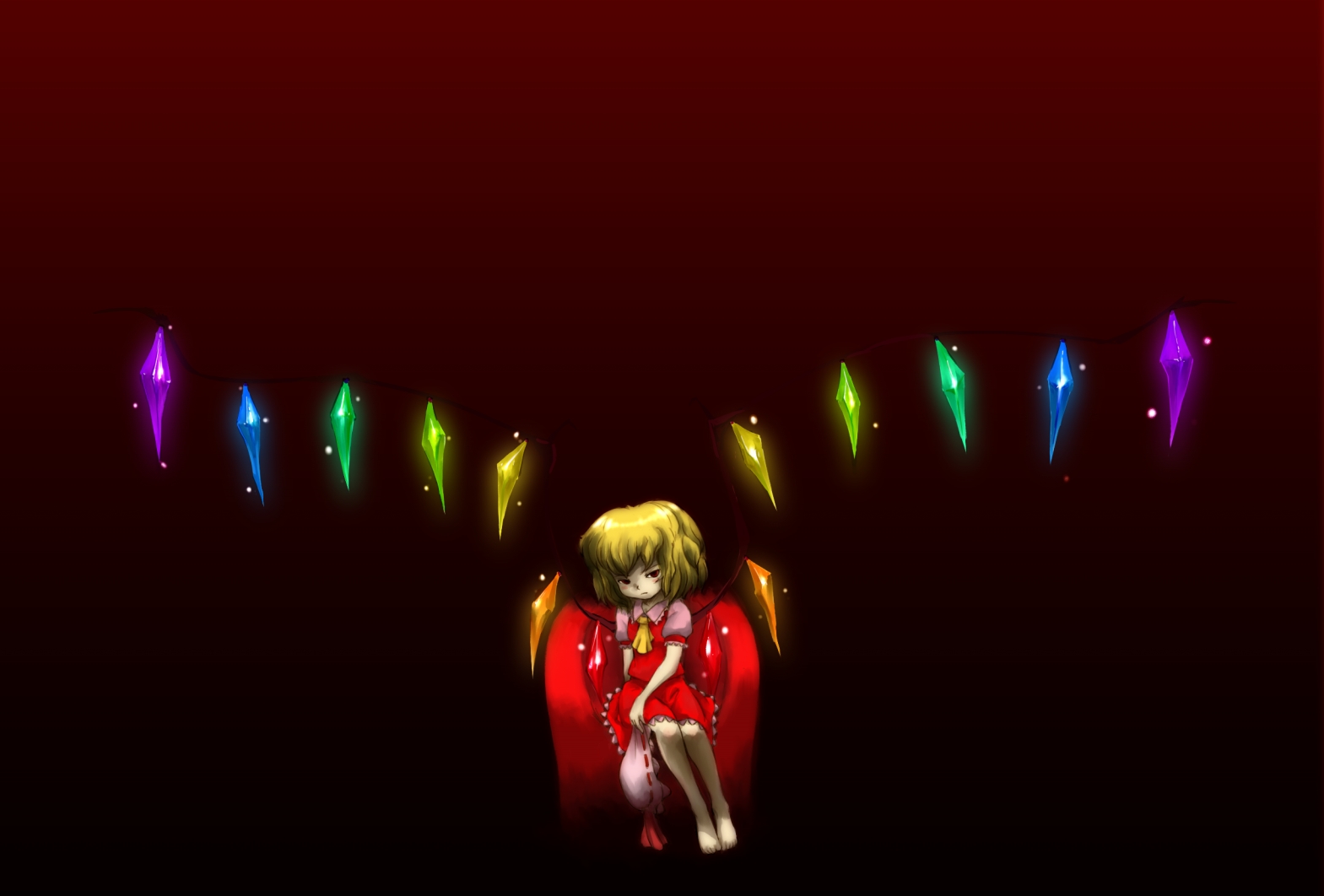 ohyo, flandre scarlet, embodiment of scarlet devil, touhou, bad id, bad pixiv id, 1girl, alternate hairstyle, arm support, armchair, barefoot, blonde hair, chair, dress, female focus, gradient background, hair down, hat, holding, holding unworn clothes, holding unworn hat, red dress, red eyes, red upholstery, short hair, simple background, solo, unworn hat, unworn headwear, wings