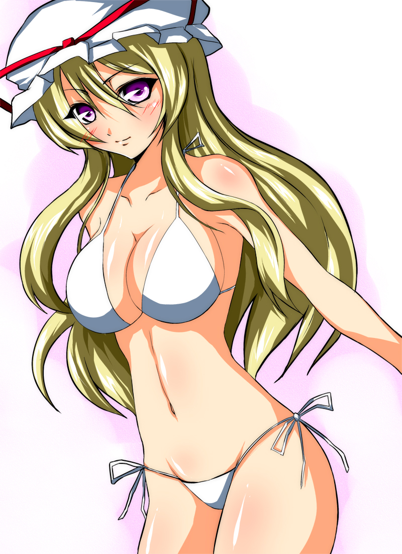 iwamoto eiri, yakumo yukari, touhou, bad id, bad pixiv id, 1girl, bikini, blonde hair, blush, breasts, female focus, gradient background, large breasts, long hair, purple eyes, side-tie bikini bottom, smile, solo, string bikini, swimsuit, white background, white bikini