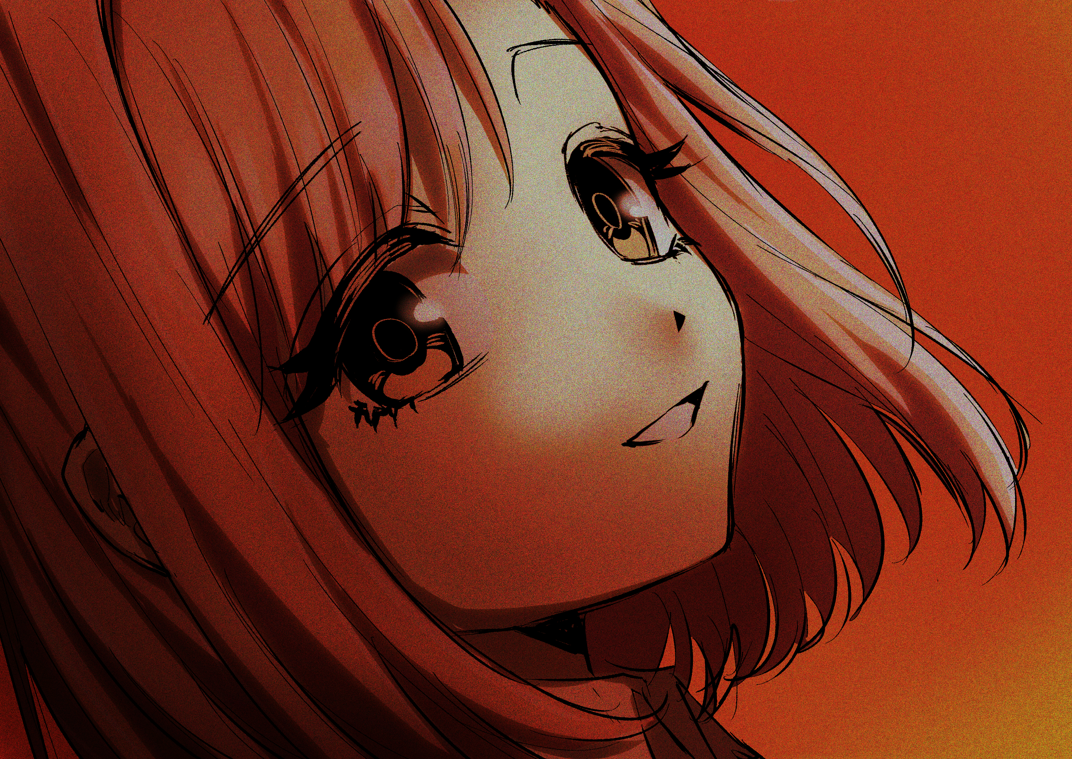 sasar1211, protagonist (tokimemo gs4), sayonara wo oshiete, tokimeki memorial, tokimeki memorial girl's side, tokimeki memorial girl's side 4th heart, absurdres, commentary request, highres, 1girl, 2000s (style), close-up, film grain, floating hair, gradient background, grin, head tilt, looking at viewer, orange background, parody, parted bangs, raised eyebrows, short hair, smile, solo