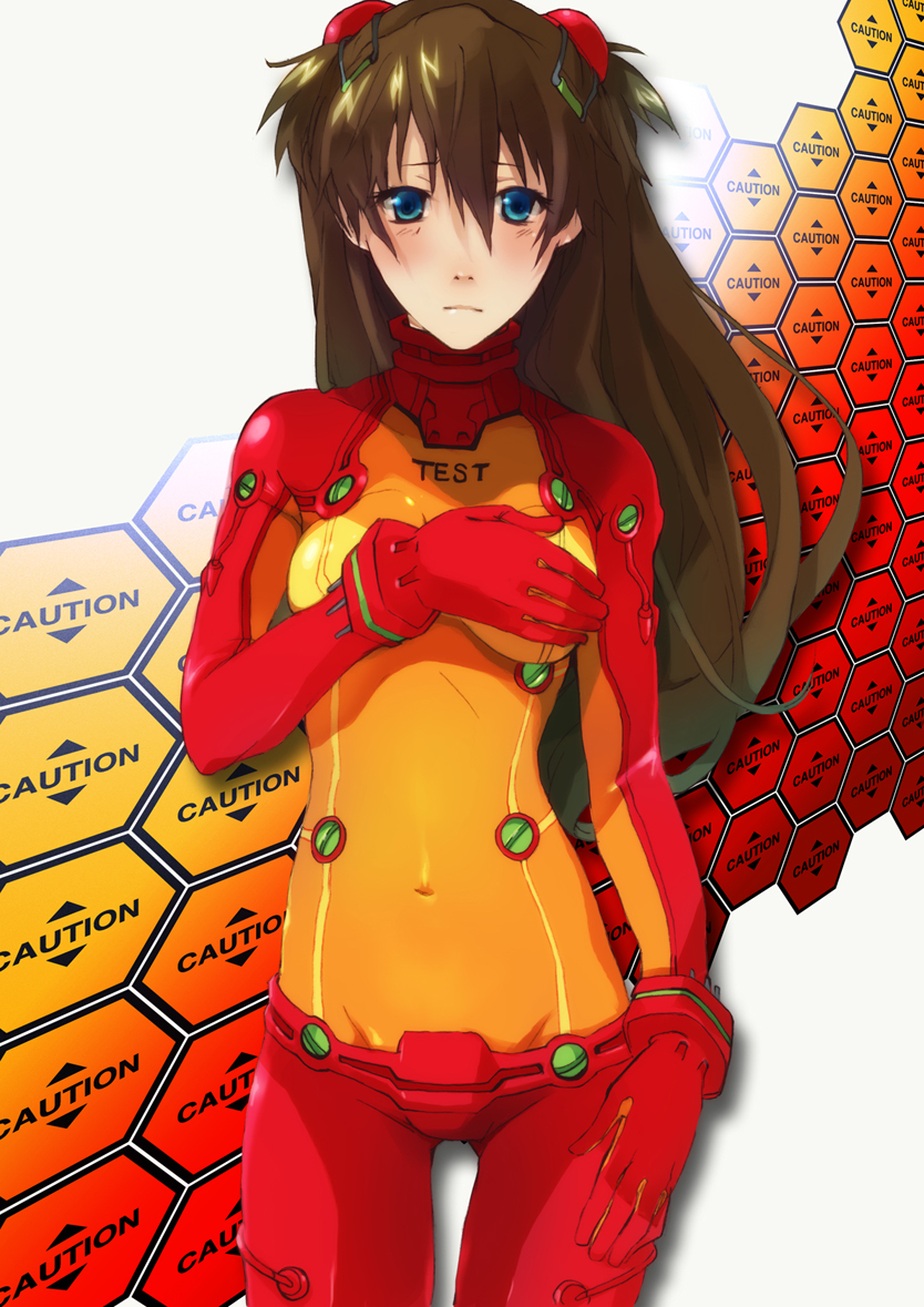 fusion-s, souryuu asuka langley, neon genesis evangelion, rebuild of evangelion, breast hold, 00s, 1girl, blue eyes, blush, bodysuit, breasts, brown hair, covering breasts, covering privates, embarrassed, female focus, long hair, mecha pilot suit, plugsuit (evangelion), solo, test plugsuit (evangelion)
