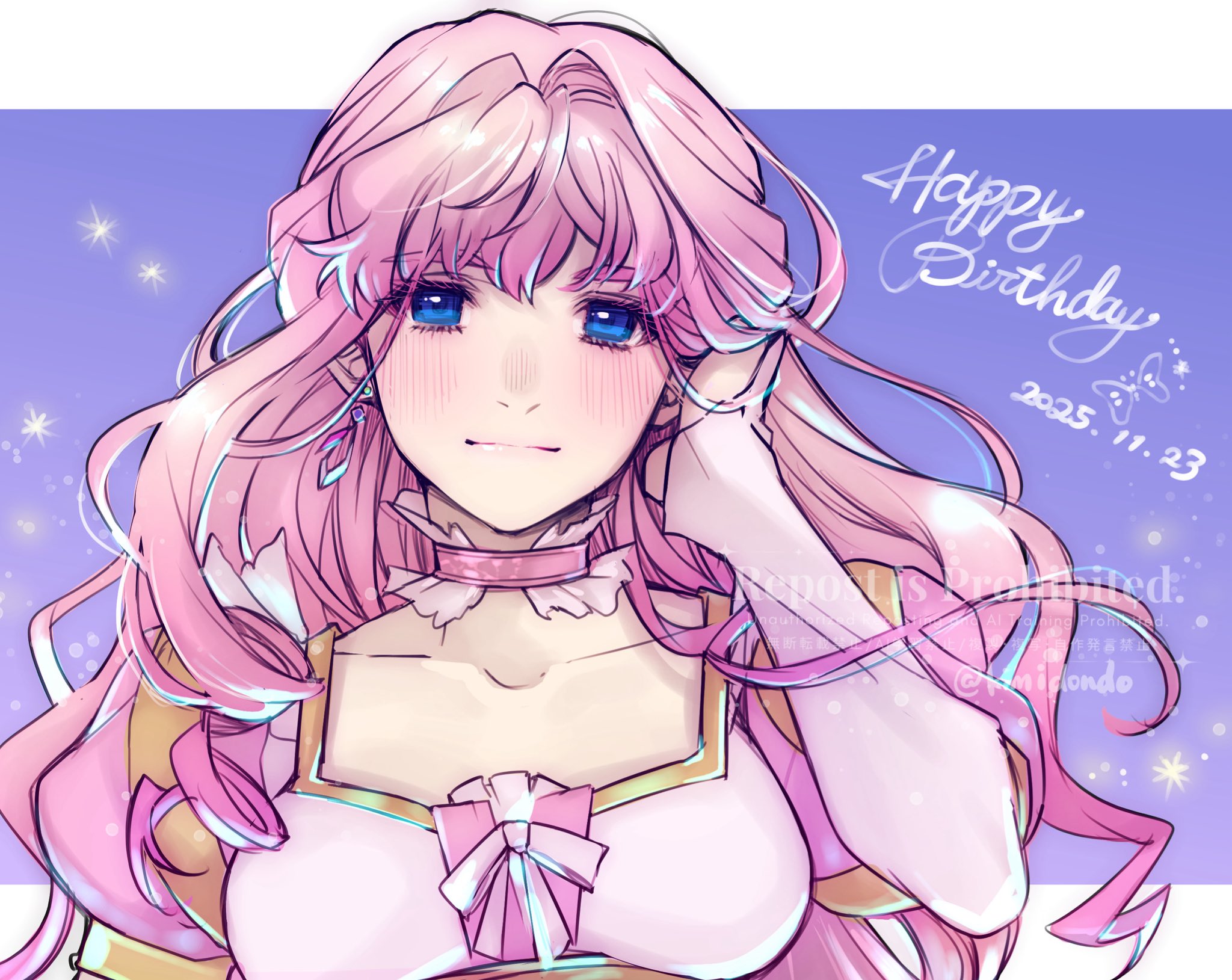 kimidori (kimidoriri), sheryl nome, macross, macross frontier, commentary request, highres, 1girl, adjusting hair, birthday, blue eyes, blunt bangs, blush, breasts, bug, butterfly, choker, closed mouth, collarbone, dated, dress, earrings, frilled choker, frills, hair intakes, happy birthday, insect, jewelry, long hair, long sleeves, looking at viewer, medium breasts, pink choker, pink dress, pink hair, pink ribbon, ribbon, single earring, solo, sparkle, straight-on, upper body, wavy hair