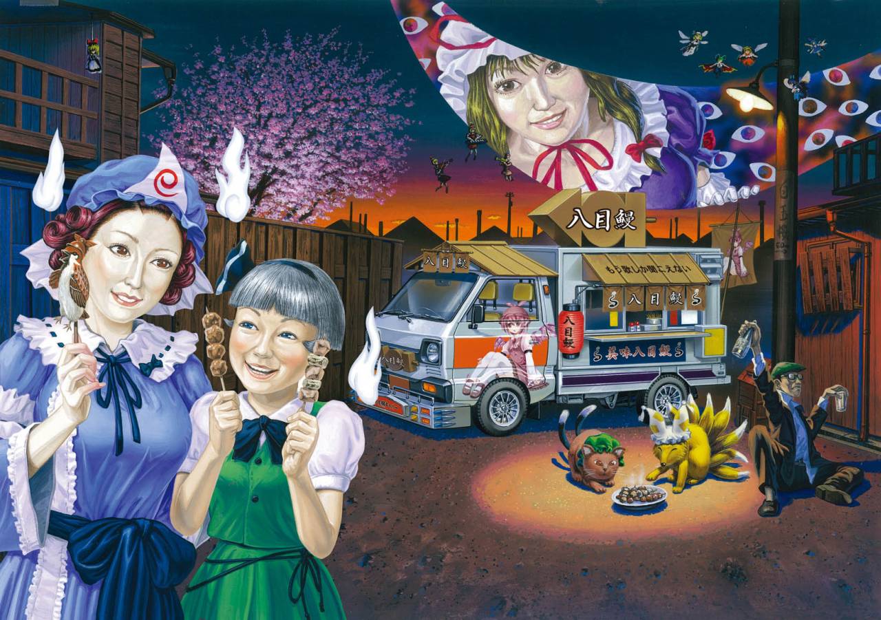 aya.m, chen, chen (cat), cirno, hourai, konpaku youmu, konpaku youmu (ghost), luna child, lunasa prismriver, lyrica prismriver, merlin prismriver, mystia lorelei, mystia lorelei (bird), reiuji utsuho, saigyouji yuyuko, shanghai, star sapphire, sunny milk, wriggle nightbug, yakumo ran, yakumo ran (fox), yakumo yukari, zun, touhou, vehicle, cherry blossoms, drunk, gap, itasha, model741326, motor vehicle, realistic, retro artstyle, truck, what