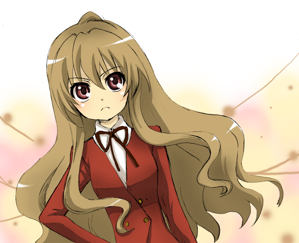 tubo, aisaka taiga, toradora!, 00s, 1girl, blazer, breasts, brown hair, buttons, female focus, jacket, long hair, long sleeves, medium breasts, red eyes, solo, upper body, very long hair, wavy hair