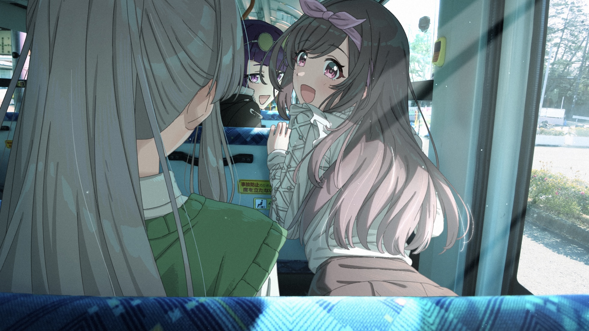 takada (pixiv 97599311), tanaka mamimi, tsukioka kogane, yukoku kiriko, idolmaster, idolmaster shiny colors, commentary, highres, symbol-only commentary, 3girls, :d, black jacket, blunt bangs, bow, bow hairband, brown skirt, bus interior, collared shirt, eyewear on head, facing ahead, frilled shirt, frills, from behind, fur-trimmed jacket, fur trim, green sweater vest, grey hair, hairband, hands up, jacket, leaning forward, light blush, long hair, long sleeves, looking at another, looking back, multiple girls, open mouth, photo background, pink bow, pink hairband, ponytail, purple eyes, purple hair, shirt, sitting, skirt, smile, sunglasses, sweater vest, swept bangs, white shirt, window