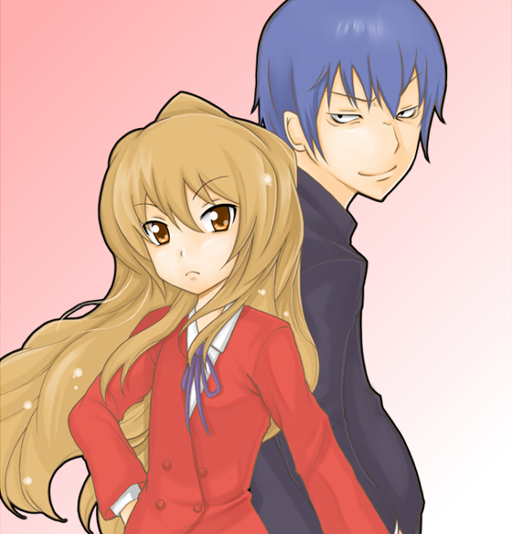 titanic21, aisaka taiga, takasu ryuuji, toradora!, bad id, bad pixiv id, 00s, back-to-back, blue hair, brown hair