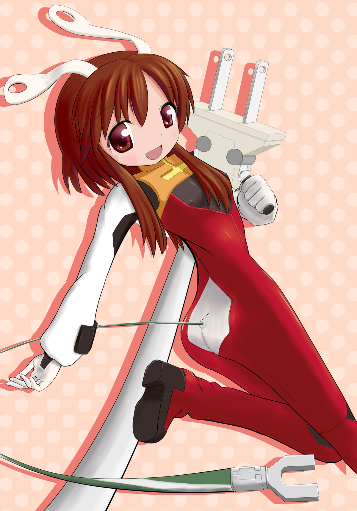 puragu, tsukimiya tsukimi, plug cryostat, fight ippatsu! juuden-chan!!, bad id, bad pixiv id, highres, 00s, 1girl, blush, bodysuit, breasts, covered erect nipples, electric plug, female focus, nipples, skin tight, small breasts, solo