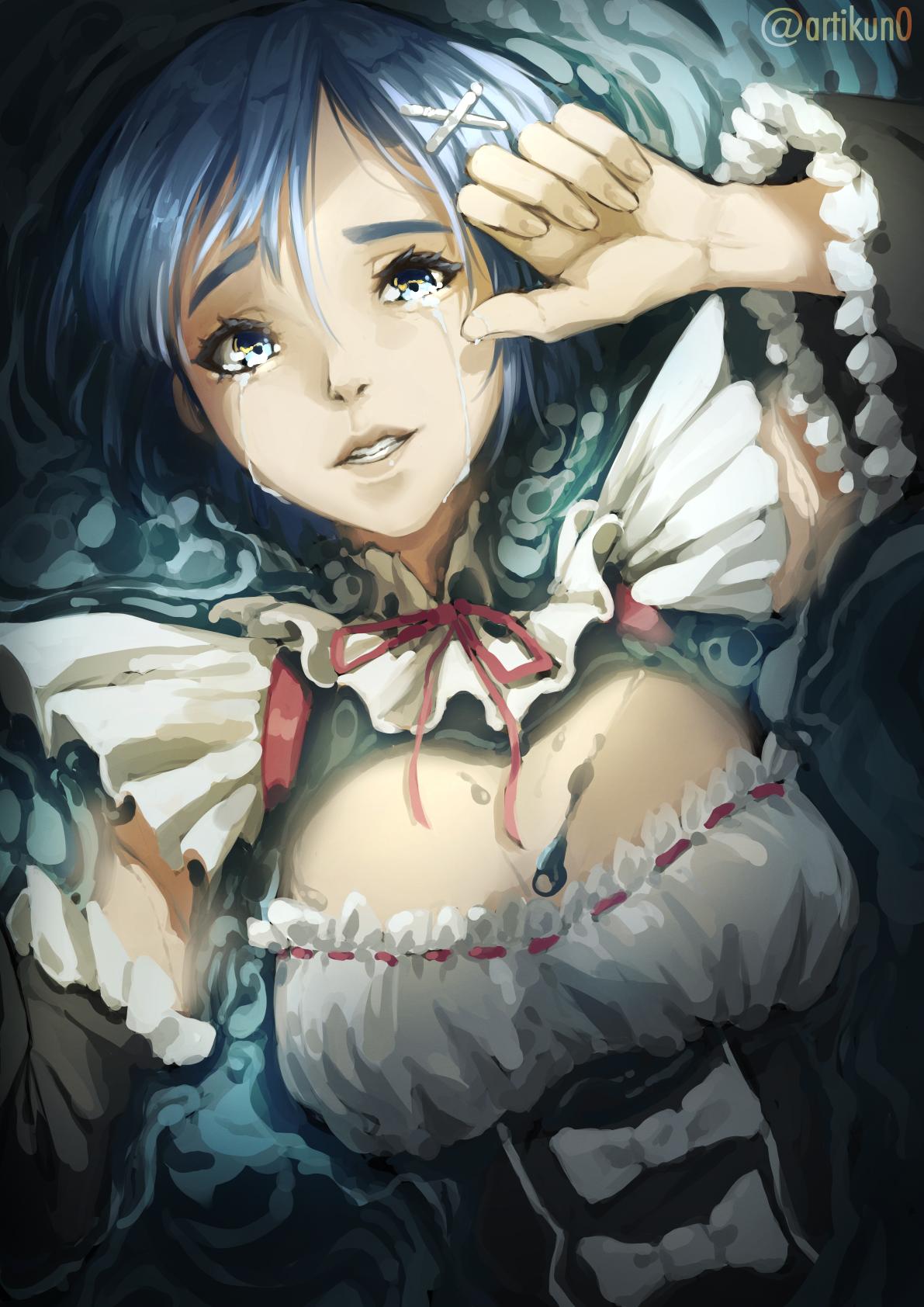 kuno (runkunochan), rem (re:zero), re:zero kara hajimeru isekai seikatsu, commentary, english commentary, highres, 1girl, blue eyes, blue hair, breasts, crying, crying with eyes open, dress, hair ornament, looking at viewer, maid, maid headdress, medium breasts, pink ribbon, ribbon, ribbon trim, roswaal mansion maid uniform, short hair, signature, solo focus, tearing up, tears