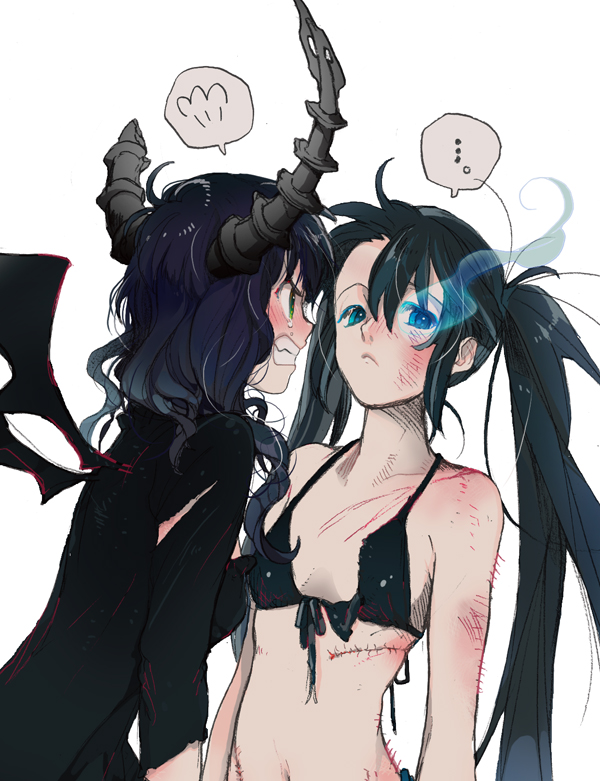 kanke (yonkuma), black rock shooter (character), dead master, black rock shooter, vocaloid, looking away, bad id, bad pixiv id, …, 10s, 2girls, angry, averting eyes, bikini, bikini top only, black hair, blue eyes, bruise, crying, crying with eyes open, front-tie top, glowing, glowing eye, glowing eyes, green eyes, horns, injury, long hair, looking at another, multiple girls, navel, scar, speech bubble, spoken ellipsis, stitches, swimsuit, tears, torn clothes, twintails, uneven twintails, very long hair, wings