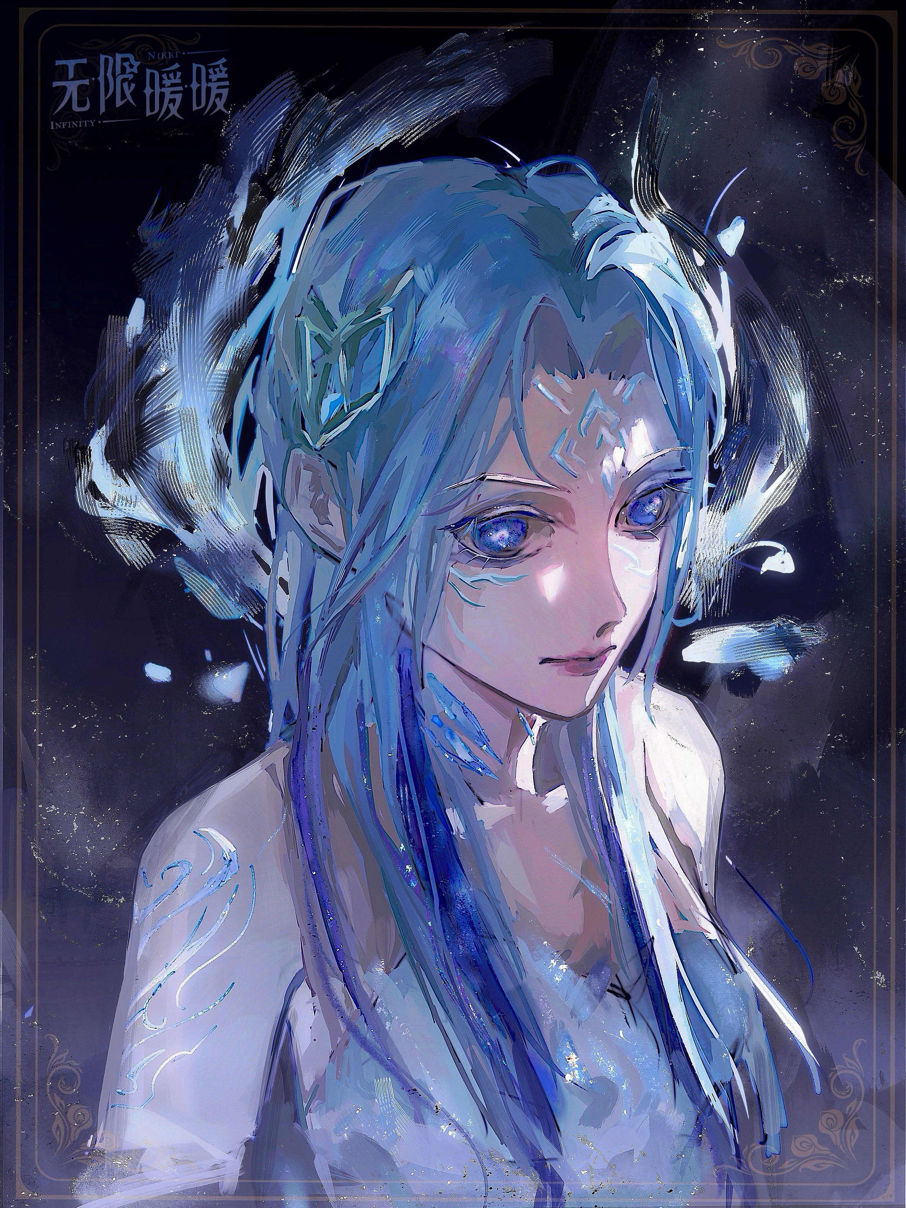 infinity nikki, nikki (series), absurdres, chinese commentary, commentary request, highres, 1girl, black sky, blue dress, blue eyes, blue hair, born flawless (infinity nikki), bright pupils, chiqihing, circlet, closed mouth, copyright logo, dress, elbow gloves, expressionless, feather hair ornament, feathers, frost, gloves, hair ornament, light particles, lipstick, logo, long hair, looking at viewer, makeup, night, outdoors, picture frame, pink lips, pointy nose, see-through clothes, see-through gloves, sidelocks, sky, solo, straight hair, strapless, strapless dress, upper body, veins, white gloves, white pupils