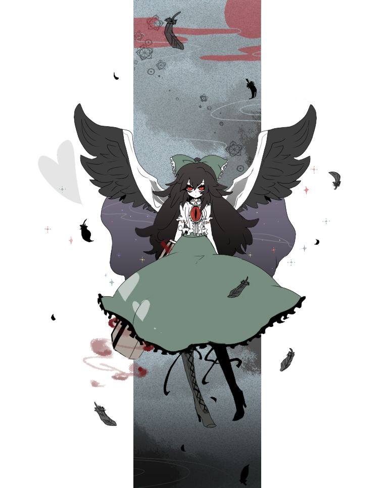 ame (96berd), ame (pixiv730660), reiuji utsuho, touhou, bad id, bad pixiv id, 1girl, black hair, bow, female focus, hair bow, long hair, red eyes, solo, wings