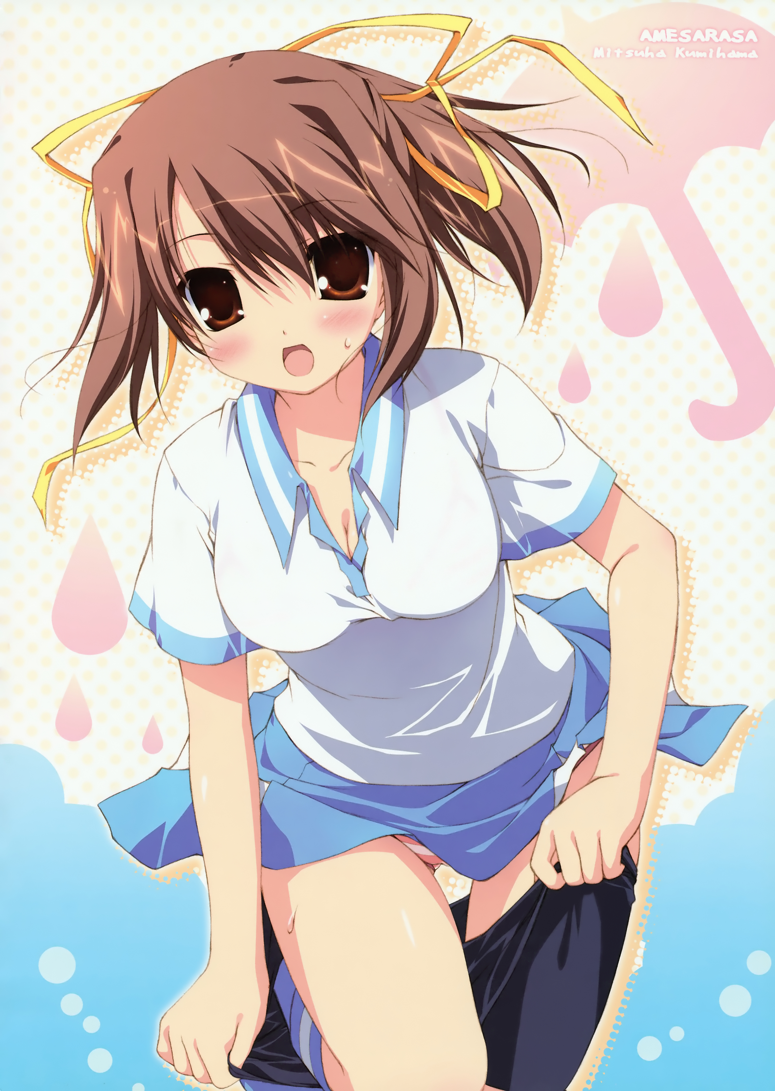 chikotam, kumihama mitsuha, amesarasa, cuffs (company), absurdres, highres, 1girl, bike shorts, blue socks, blush, breasts, brown eyes, brown hair, cleavage, collarbone, female focus, hair ribbon, kneehighs, open mouth, panties, ponytail, ribbon, shirt, skirt, socks, solo, sportswear, striped clothes, striped panties, sweatdrop, tennis, tennis uniform, thigh gap, underwear, undressing