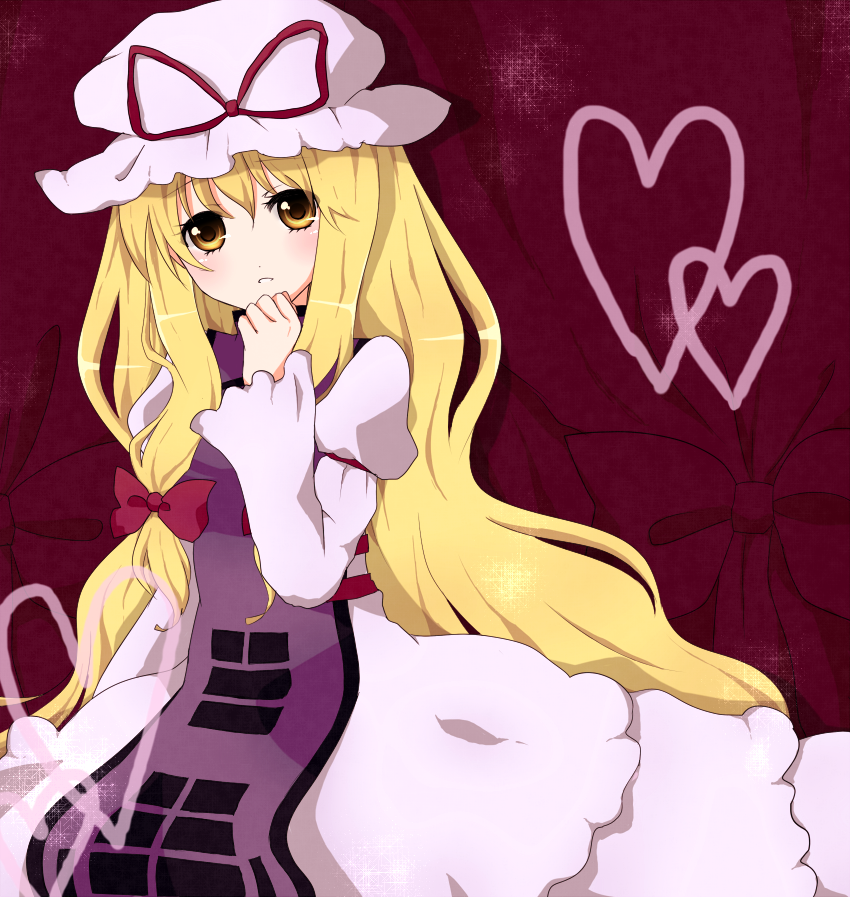 purin jiisan, yakumo yukari, touhou, bad id, bad pixiv id, 1girl, blonde hair, dress, female focus, hat, ribbon, solo