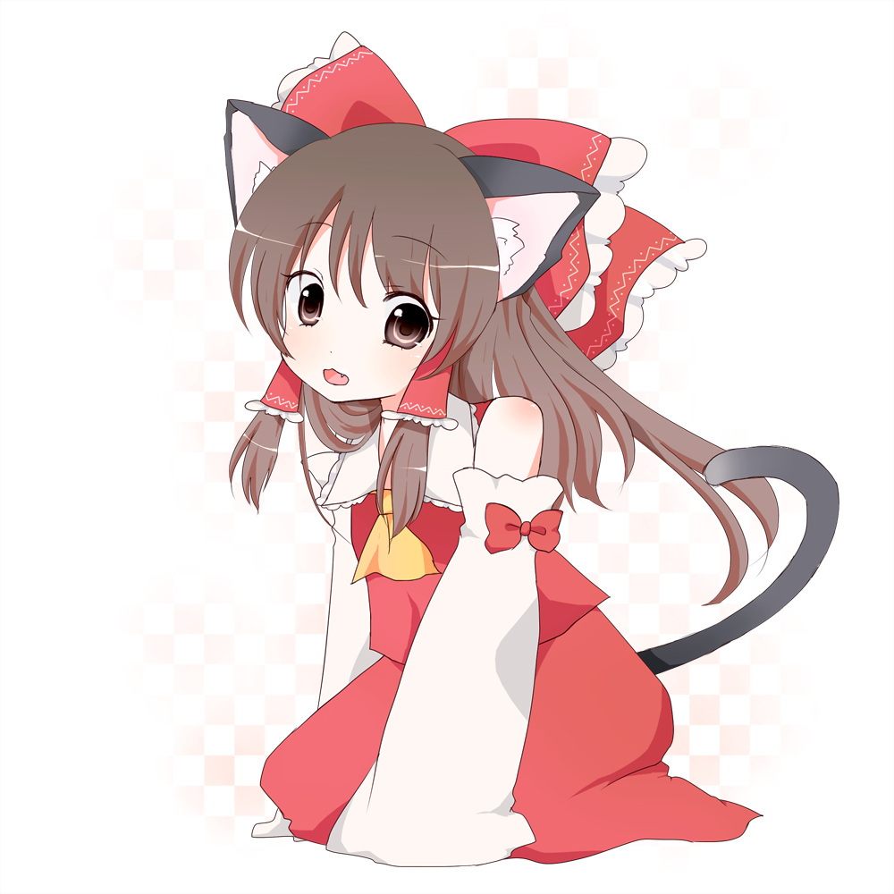 purin jiisan, hakurei reimu, touhou, bad id, bad pixiv id, 1girl, animal ears, ascot, brown hair, cat ears, cat girl, cat tail, fang, female focus, full body, gradient background, japanese clothes, kemonomimi mode, miko, ribbon, short hair, skirt, solo, tail, white background, yellow ascot
