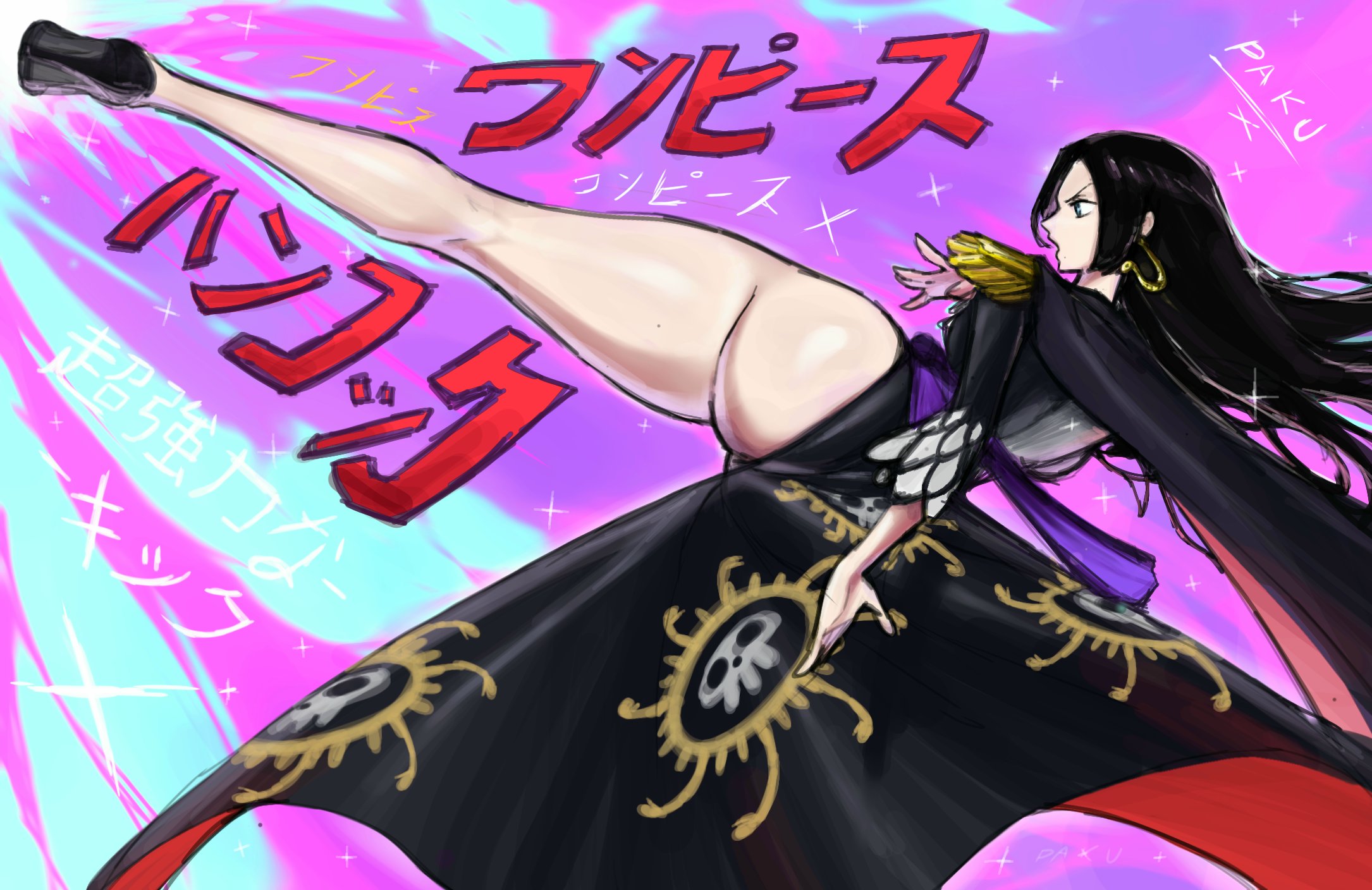 boa hancock, one piece, translation request, 1girl, ass, black cape, black hair, cape, earrings, frilled sleeves, frills, high heels, huge ass, japanese text, jewelry, kicking, leg up, long hair, long sleeves, no panties, paku (paku47610839561), sarong, sidelocks, snake earrings, thick thighs, thighs