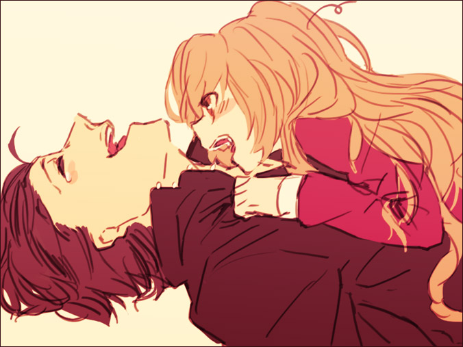 chiko (beroro), aisaka taiga, takasu ryuuji, toradora!, 00s, 1boy, 1girl, laughing, open mouth, red eyes, tears