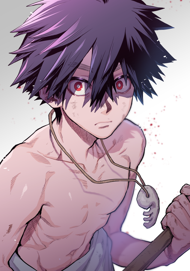 kbr oekaki, kusaka kabane, kemono jihen, 1boy, closed mouth, hair between eyes, male focus, red eyes, short hair, solo, toned, toned male, topless male, white background