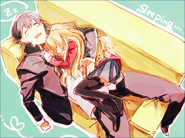 chiko (beroro), aisaka taiga, takasu ryuuji, toradora!, 00s, 1boy, 1girl, black hair, blonde hair, closed eyes, couch, fetal position, from above, full body, girl on top, loafers, open mouth, pants, shoes, short hair, sleeping, thighhighs, zettai ryouiki