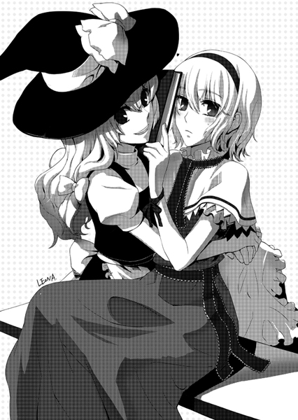 leona (pixiv), alice margatroid, kirisame marisa, touhou, bad id, bad pixiv id, 2girls, female focus, greyscale, hairband, hat, monochrome, multiple girls