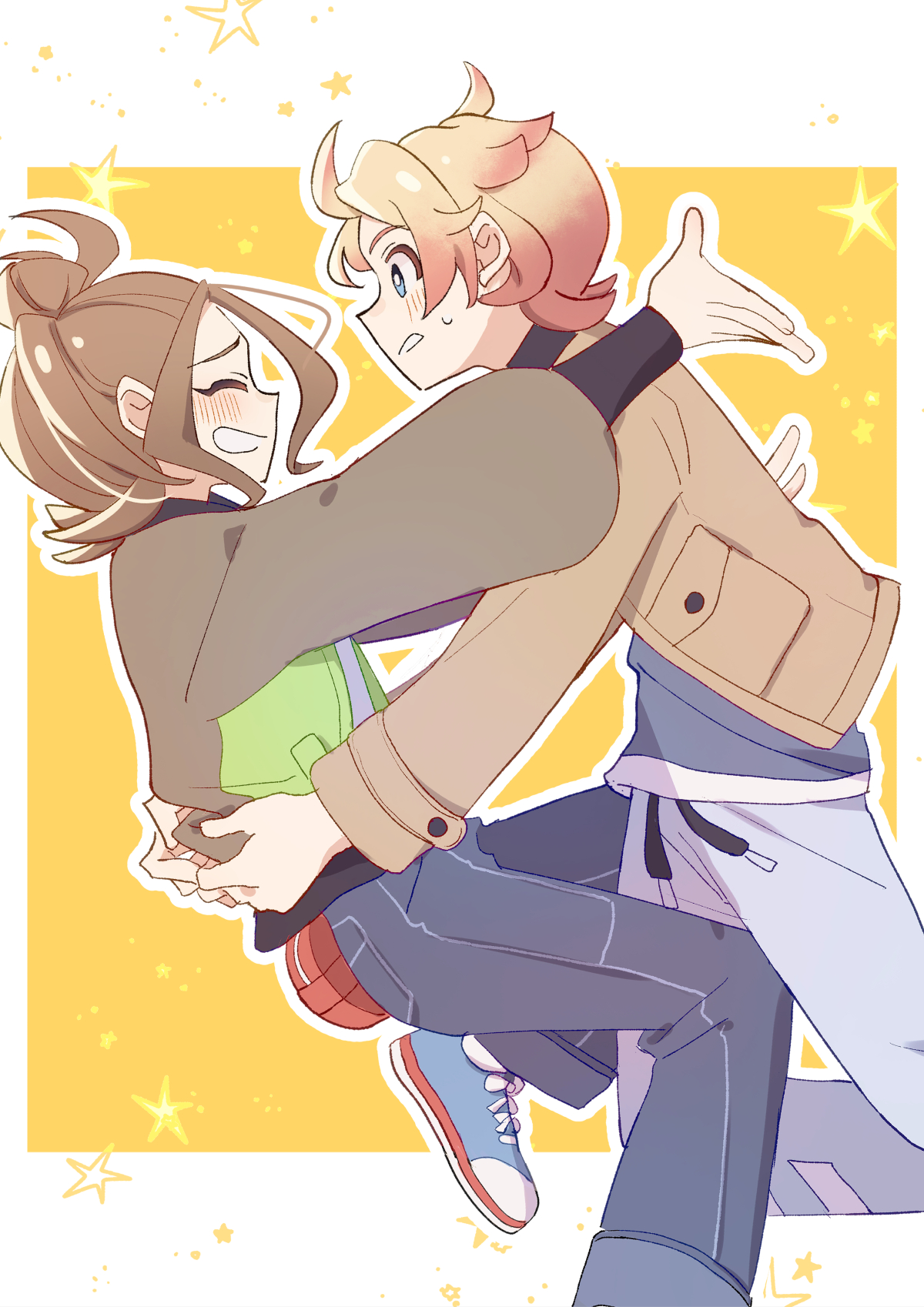 nanashino (7shino gs), harmony (pokemon), urbain (pokemon), nintendo, pokemon, pokemon legends: z-a, commentary request, highres, 1boy, 1girl, bell-bottoms, blonde hair, blue eyes, blue shirt, blush, brown hair, brown jacket, catching, closed eyes, gradient hair, green jacket, hair bun, jacket, multicolored hair, multicolored jacket, open clothes, open jacket, pants, pink hair, shirt, sparkle, surprised, sweatdrop, two-tone hair, two-tone jacket, wide-eyed