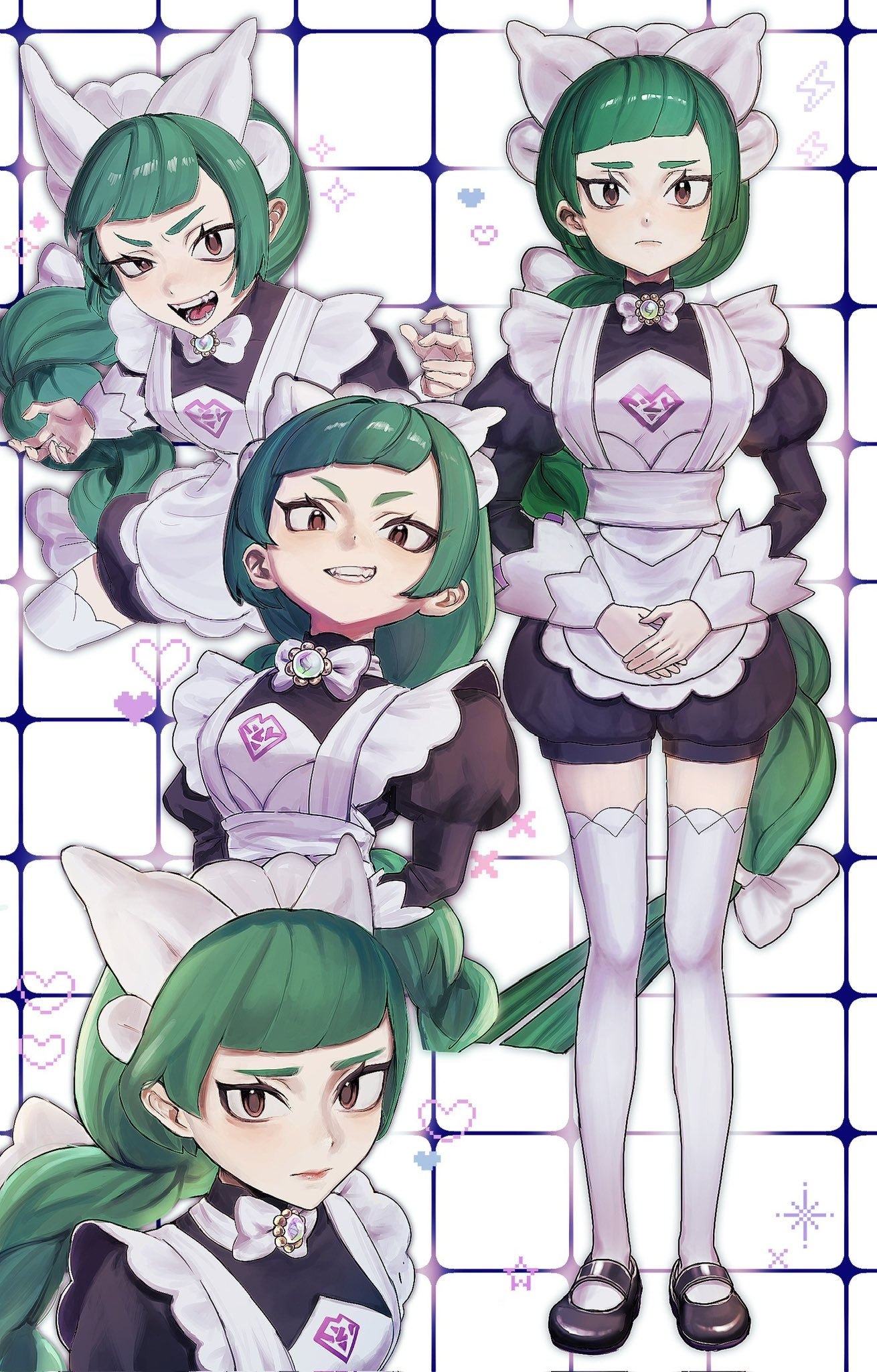 lebanne (pokemon), nintendo, pokemon, pokemon legends: z-a, commentary request, highres, 1girl, apron, black romper, blunt bangs, bow, bowtie, braid, braided ponytail, breasts, green hair, juliet sleeves, long braid, long hair, long sleeves, maid, maid apron, maid headdress, medium breasts, mega stone, multiple expressions, penguinsekaiii, pink lips, puffy sleeves, romper, smile, solo, thighhighs, tsurime, white bow, white bowtie, white thighhighs