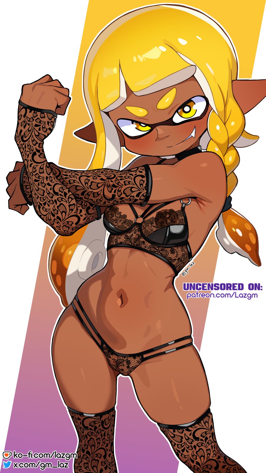 laz gm, agent 3 (splatoon 3), nintendo, splatoon (series), splatoon 3, commentary, english commentary, highres, paid reward available, 1girl, armpit crease, black bra, black panties, black sleeves, black thighhighs, blonde hair, blush, bra, braid, bright pupils, cameltoe, clenched hand, colored inner hair, contrapposto, cowboy shot, cross-body stretch, dark-skinned female, dark skin, detached sleeves, fang, gradient background, gradient hair, inkling, ko-fi logo, ko-fi username, lace, lace bra, lace panties, lace sleeves, lace thighhighs, lingerie, long hair, looking at viewer, multicolored hair, navel, o-ring, o-ring bra, orange hair, panties, patreon username, pointy ears, purple background, see-through bra, see-through clothes, see-through panties, single braid, smile, smirk, solo, stomach, suction cups, tentacle hair, thick eyebrows, thighhighs, twitter logo, twitter username, underwear, v-shaped eyebrows, white background, white hair, white pupils, yellow background, yellow eyes