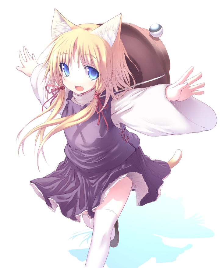 hiraga matsuri, hirasato, moriya suwako, touhou, 1girl, animal ears, blonde hair, blue eyes, cat ears, cat girl, cat tail, female focus, hat, short hair, solo, tail, thighhighs