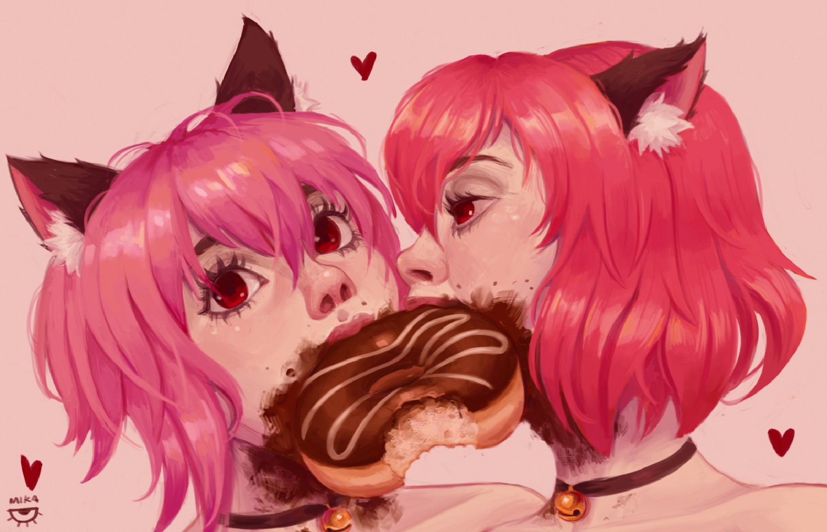original, bad source, highres, photo-referenced, 2girls, animal ear fluff, artist name, bell, cat girl, chocolate, donut, eating, eyelashes, food, food in mouth, food on face, half-closed eyes, heart, kamikaze mika, lips, looking at viewer, messy eater, mouth hold, multiple girls, neck bell, pink background, pink hair, red eyes, short hair, upper body