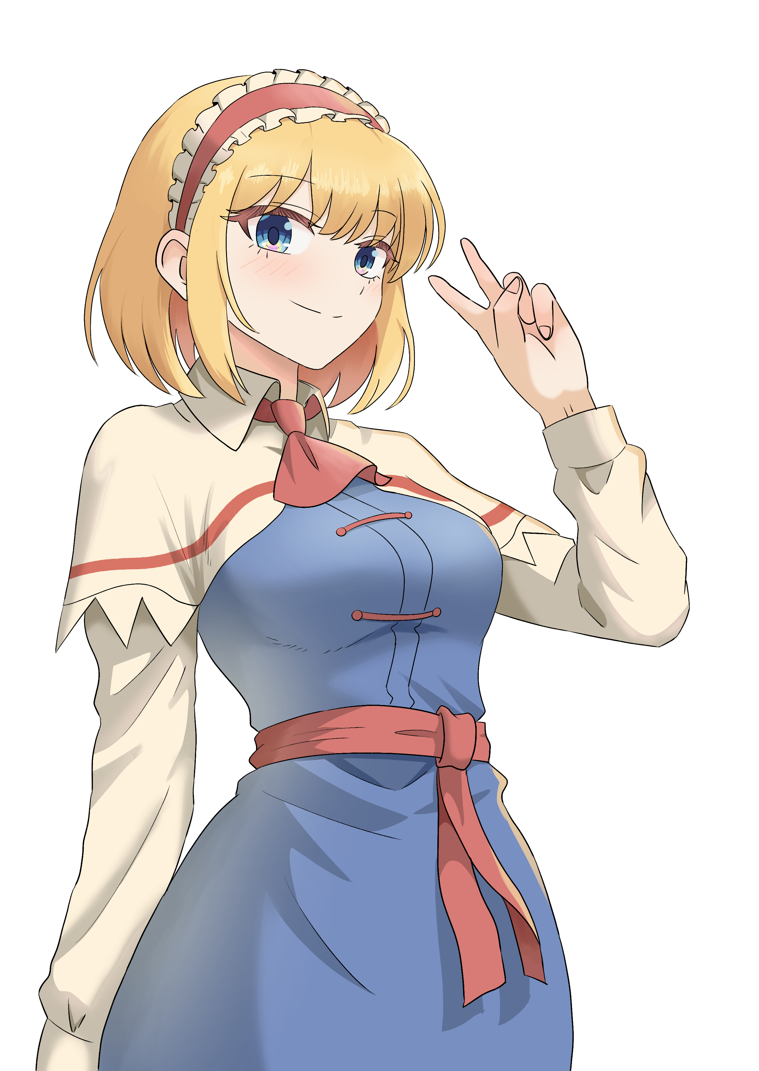 alice margatroid, touhou, absurdres, commentary request, highres, 1girl, ascot, blonde hair, blue dress, blue eyes, blush, breasts, capelet, closed mouth, dress, frilled hairband, frills, hairband, kiyo (tomoki6107), lolita hairband, long sleeves, looking at viewer, red ascot, red hairband, red sash, sash, simple background, smile, solo, v, waist sash, white background, white capelet