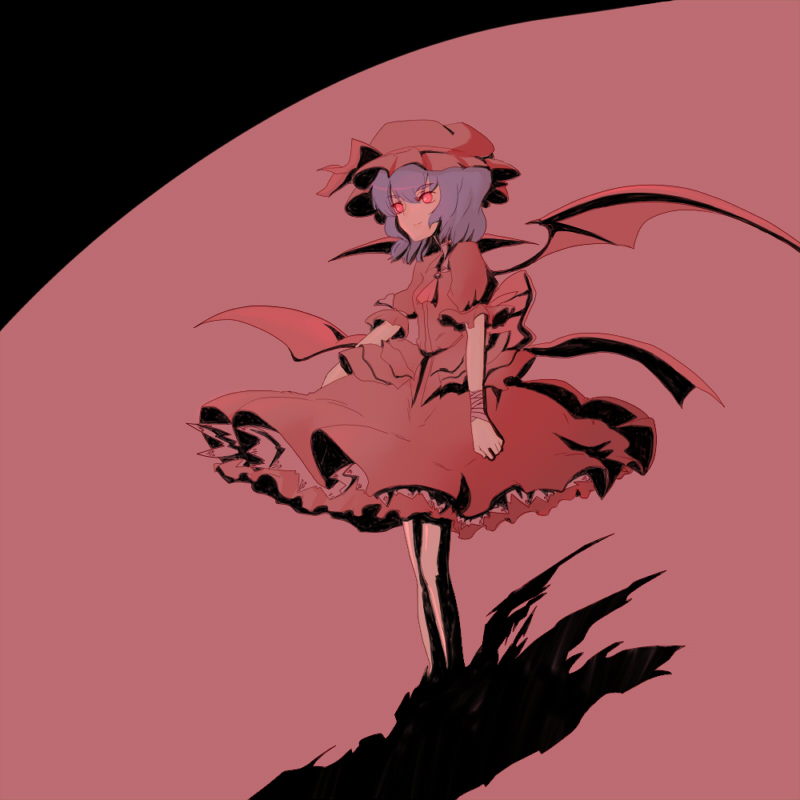dotubo, ponpoko (dotubo), remilia scarlet, touhou, 1girl, bat wings, blue hair, female focus, red eyes, short hair, solo, wings