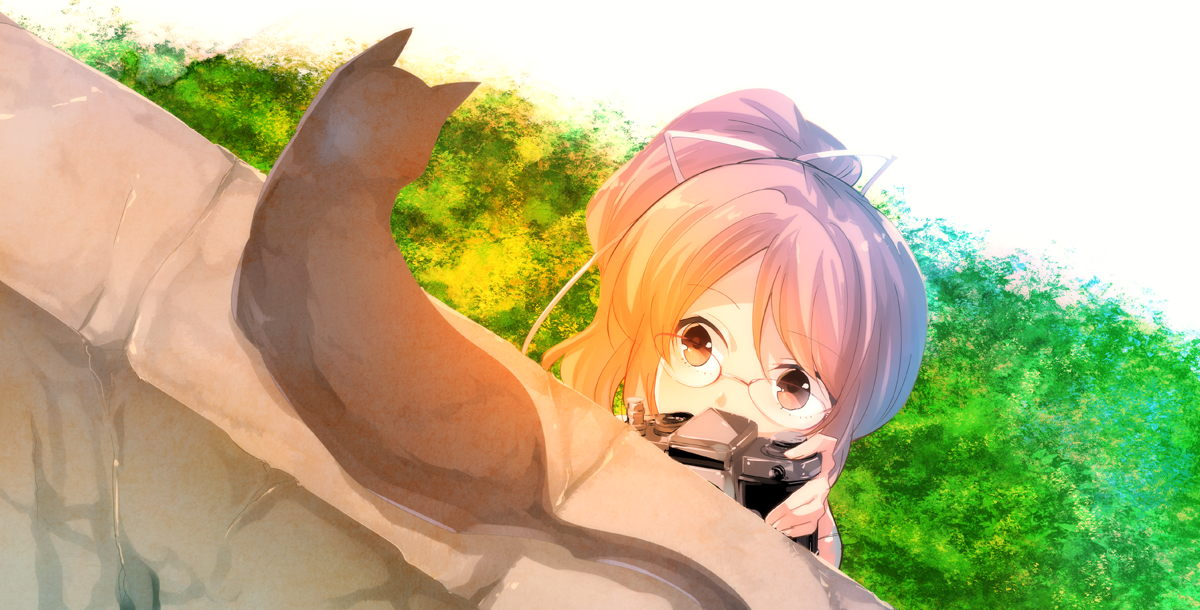 rimorimo, yamazoe uki, chaos;child, science adventure, commentary request, 1girl, bow, brown hair, camera, cat, chest bow, collarbone, glasses, holding, holding camera, looking at animal, ponytail, red bow, sailor collar, solo, white sailor collar