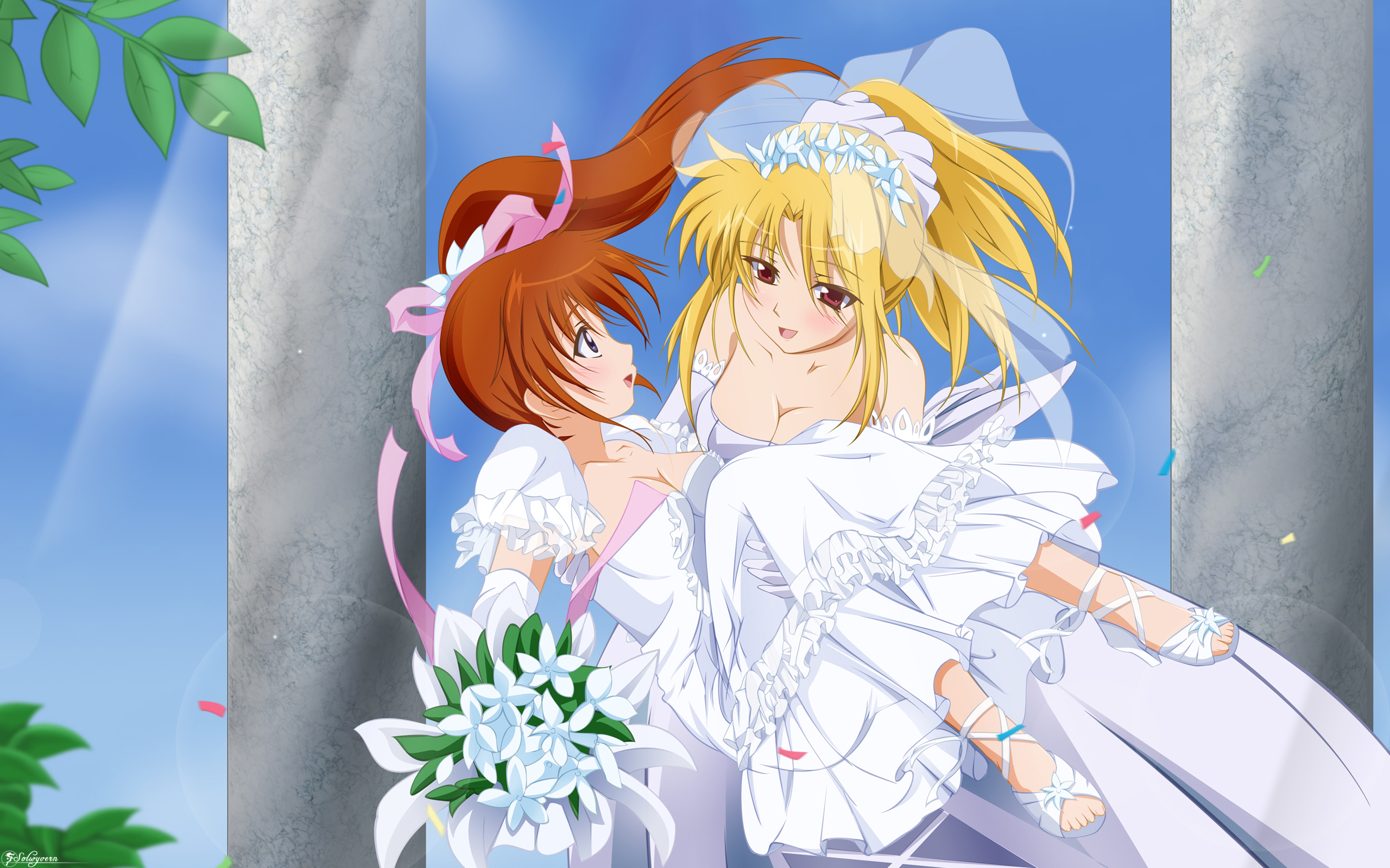 solwyvern, fate testarossa, takamachi nanoha, lyrical nanoha, mahou shoujo lyrical nanoha, mahou shoujo lyrical nanoha strikers, wallpaper, highres, 2girls, blonde hair, blue eyes, blush, brown hair, dress, long hair, multiple girls, red eyes, smile, wedding, wedding dress, yuri