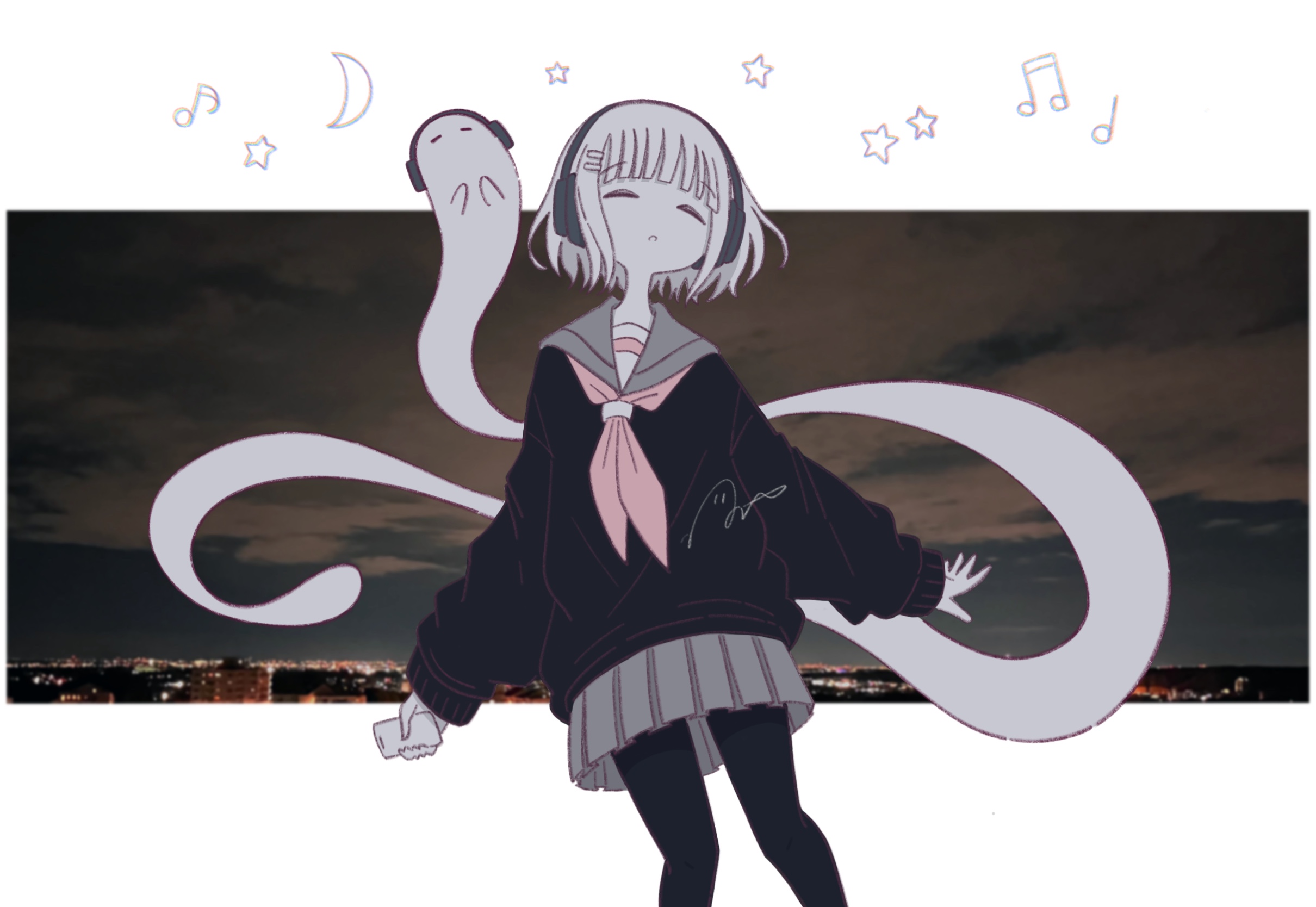 omochi noa, original, commentary request, highres, 1girl, black pantyhose, black shirt, closed eyes, feet out of frame, ghost, grey sailor collar, grey skirt, headphones, listening to music, miniskirt, neckerchief, night, outside border, pantyhose, photo background, pink neckerchief, pleated skirt, sailor collar, school uniform, serafuku, shirt, short hair, signature, skirt, solo