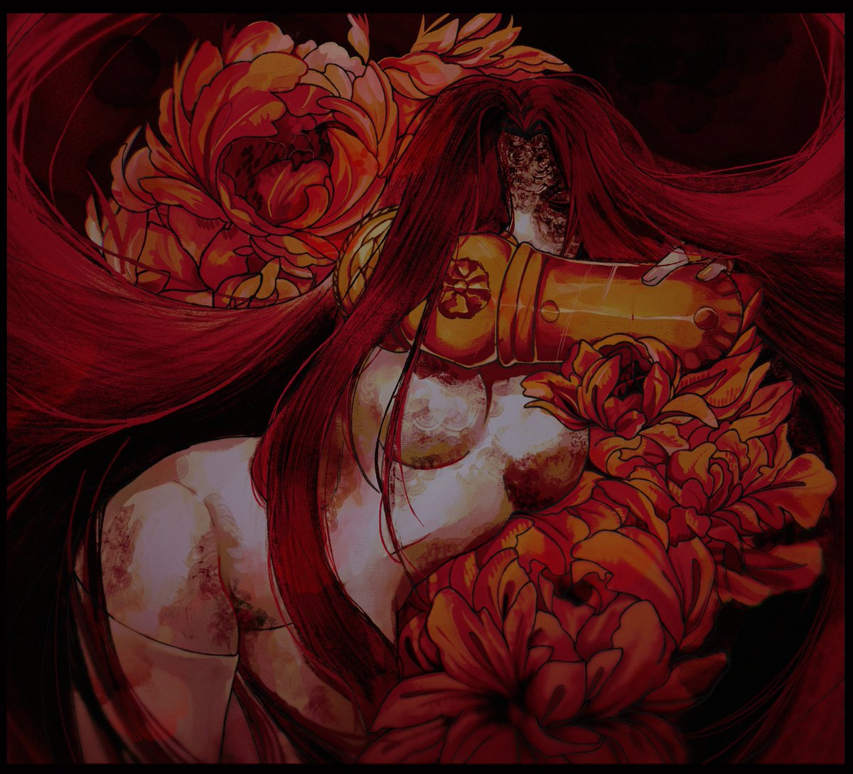 malenia blade of miquella, malenia goddess of rot, elden ring, fromsoftware, commentary, english commentary, 1girl, amputee, covering own mouth, cowboy shot, curtained hair, floral background, knightaout, leaning to the side, long hair, mechanical arms, prosthesis, prosthetic arm, prosthetic leg, red hair, red theme, single mechanical arm, solo