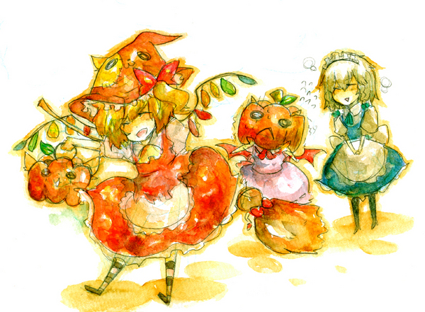 kaio (watagami), yukaio, flandre scarlet, izayoi sakuya, remilia scarlet, touhou, image sample, pixiv sample, resized, 3girls, bat wings, dress, female focus, hat, maid, multiple girls, pumpkin, white background, wings