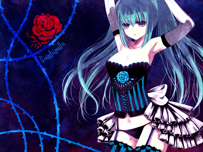 hatsune miku, cantarella, cantarella (vocaloid), vocaloid, bad id, bad pixiv id, 1girl, aqua hair, breasts, cleavage, elbow gloves, female focus, flower, frills, gloves, large breasts, long hair, panties, rose, solo, thighhighs, underwear