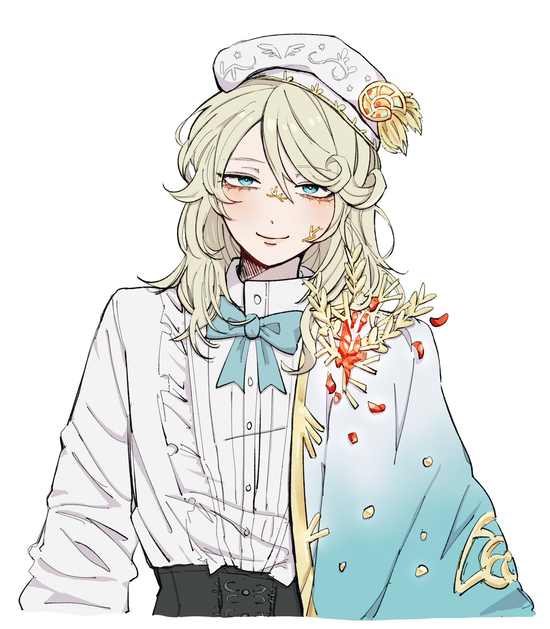 edgar valden, edgar valden (golden ratio), identity v, commentary request, highres, korean commentary, 1boy, alternate hairstyle, androgynous, beret, bishounen, black corset, blue bow, blue eyes, bow, brooch, corset, facial mark, frilled shirt, frills, gold trim, gradient capelet, hair down, half capelet, hat, hat feather, hat ornament, head tilt, jewelry, long hair, male focus, roxy 1005, shirt, shirt tucked in, smile, solo, upper body, white background, white shirt