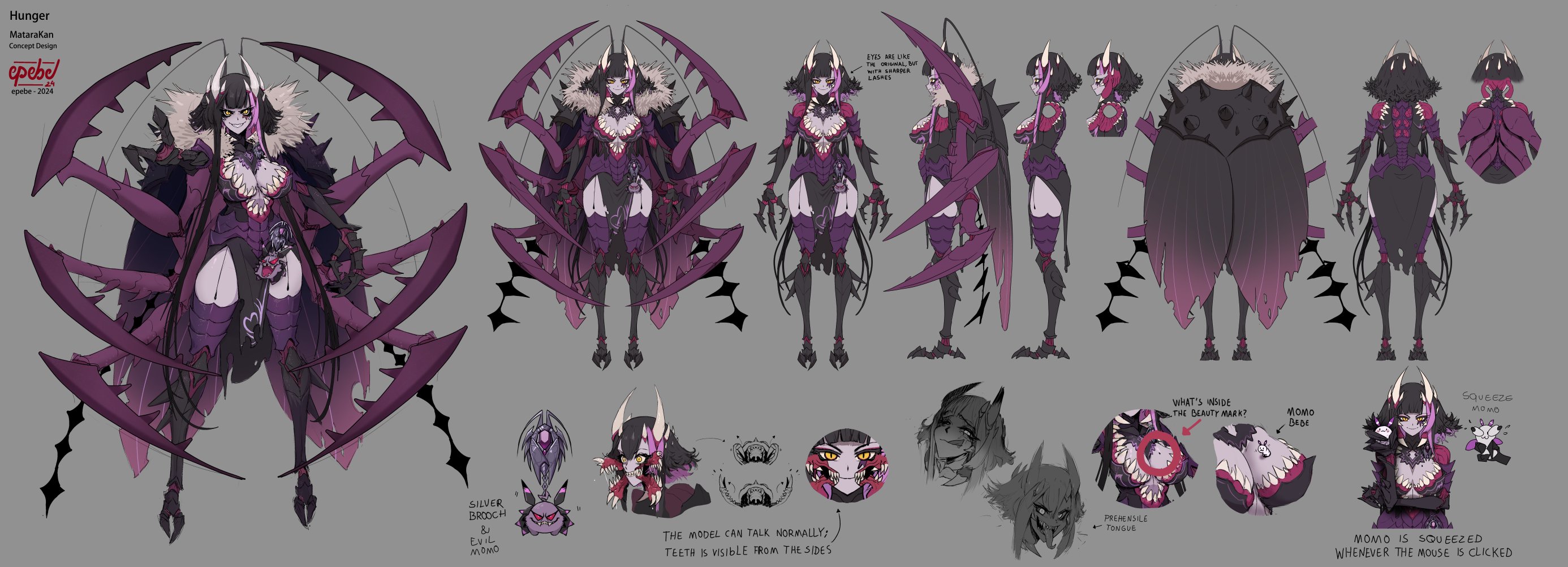 epebe, matara kan, momo (matara kan), indie virtual youtuber, commentary, english commentary, highres, 1girl, alternate skin color, antennae, arthropod girl, arthropod limbs, black hair, breasts, cape, chitin, cockroach girl, fur-trimmed cape, fur trim, horns, mandibles, matara kan (5th costume), mole, mole on breast, multiple views, official alternate costume, official alternate hair color, official alternate hairstyle, reference sheet, shoulder spikes, spikes, turnaround, virtual youtuber, yellow eyes