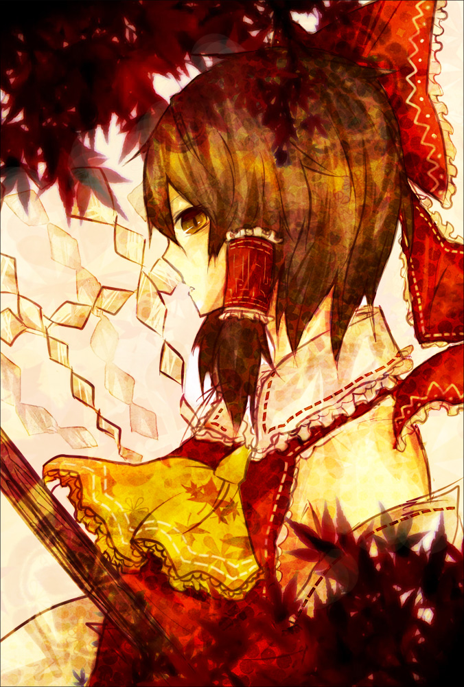 kaio (watagami), yukaio, hakurei reimu, touhou, bad id, bad pixiv id, 1girl, bow, brown eyes, brown hair, female focus, gohei, hair bow, oonusa, short hair, solo