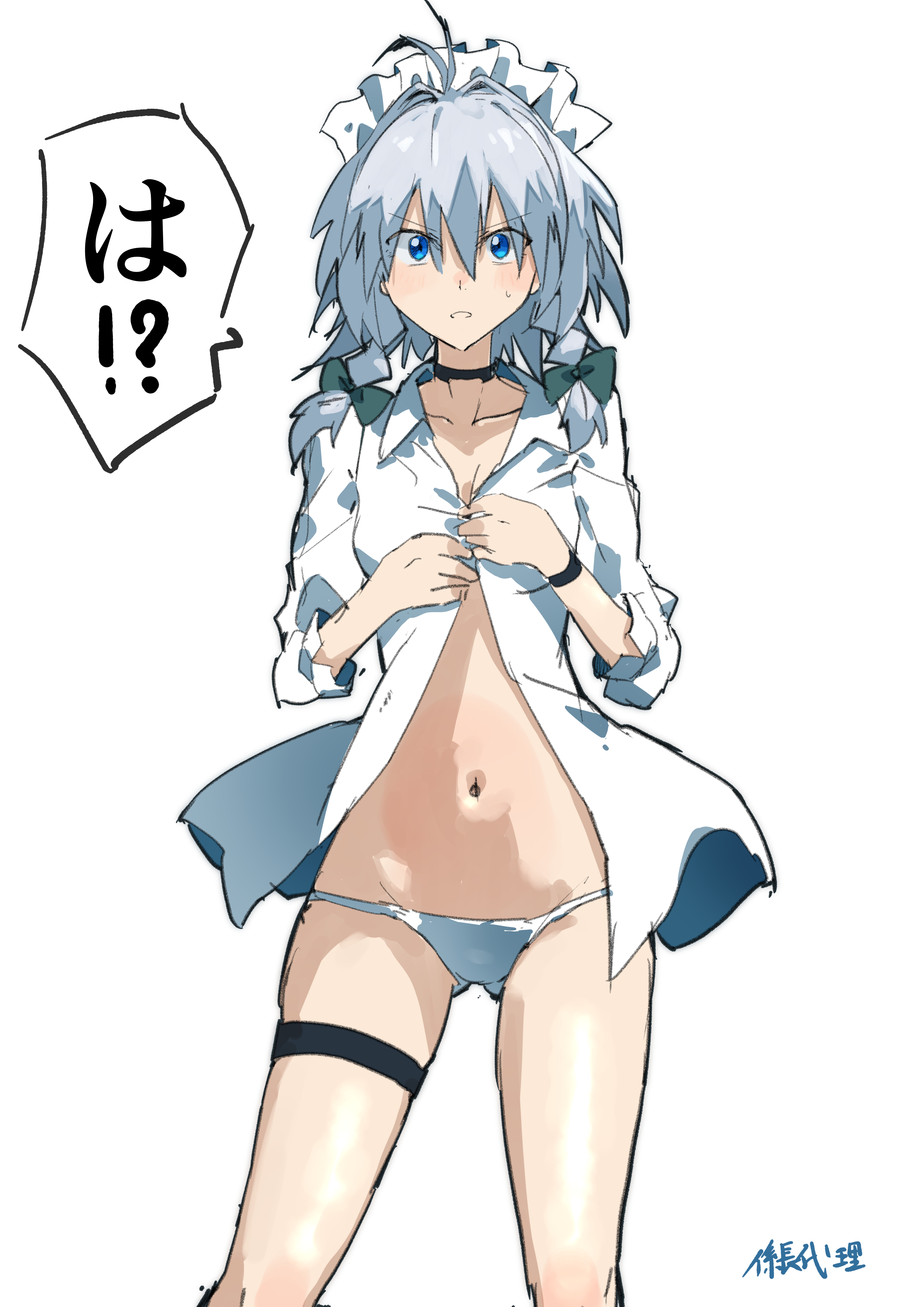 kakaricho dairi, izayoi sakuya, touhou, absurdres, commentary request, highres, translation request, 1girl, accidental pervert, artist name, black choker, blue eyes, blush, bow, braid, breasts, choker, cleavage, collarbone, dressing, green bow, grey hair, long hair, maid headdress, navel, open clothes, open shirt, panties, shirt, simple background, solo, sweatdrop, thigh strap, twin braids, underwear, white background, white panties, white shirt