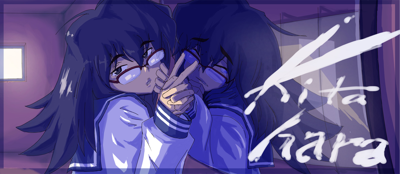 nagaikara, kitahara aya, onanie master kurosawa, bad id, bad pixiv id, 2girls, bathroom, black hair, closed eyes, cum, dual persona, glasses, holding hands, multiple girls, reflection, school uniform, tears, text focus, v