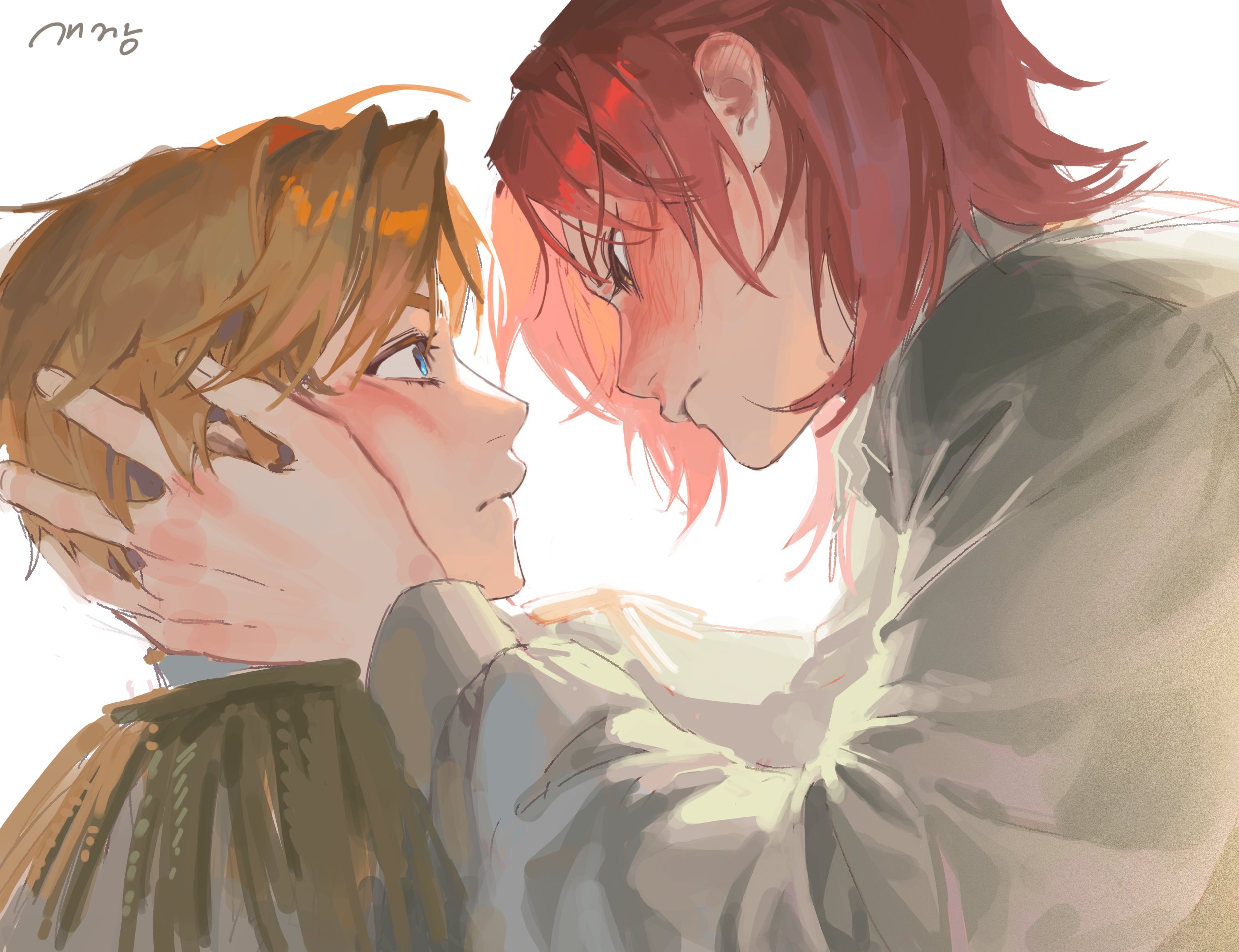 shrimpkk, alberu crossman, cale henituse, lout of count's family, hashtag-only commentary, highres, 2boys, artist name, blonde hair, blue eyes, blush, closed mouth, epaulettes, eye contact, from side, hands on another's face, long sleeves, looking at another, male focus, multiple boys, profile, red hair, shirt, short hair, simple background, upper body, white background, white shirt, yaoi