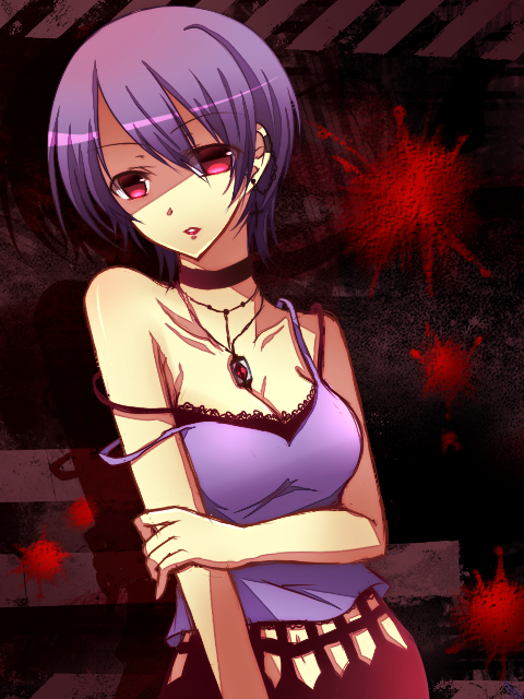 nishijou myu, kishimoto ayase, chaos;head, phantasm, science adventure, commentary request, 1girl, bare shoulders, black choker, blood, blood stain, breasts, choker, cleavage, collarbone, earrings, goth fashion, hair between eyes, jewelry, looking at viewer, medium breasts, necklace, partially shaded face, purple hair, purple tank top, red eyes, red lips, short hair, solo, strap slip, tank top