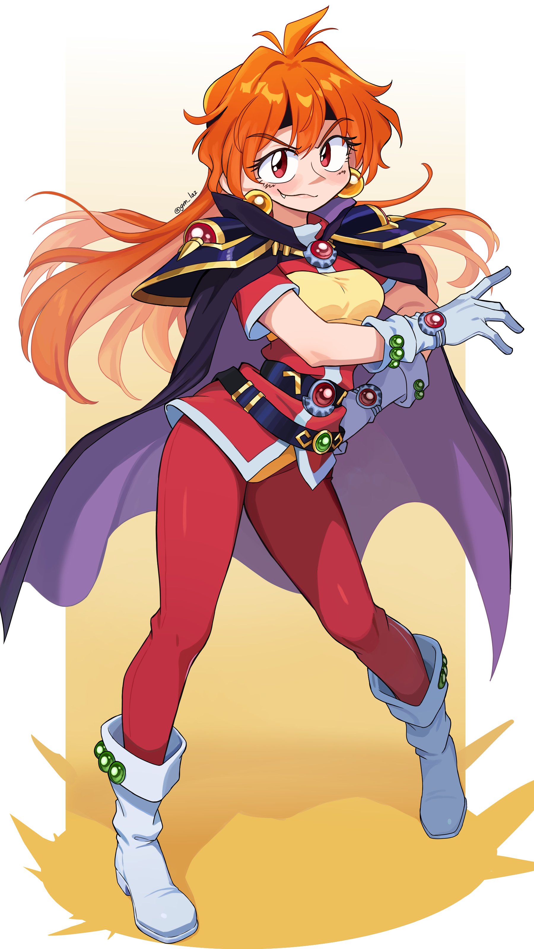 laz gm, lina inverse, slayers, absurdres, commentary, commission, english commentary, highres, 1girl, ahoge, arm across chest, armor, belt, black headband, boots, breasts, cape, contrapposto, earrings, fang, floating hair, full body, gloves, gradient background, hand on own hip, headband, jacket, jewelry, legs apart, long hair, looking at viewer, medium breasts, multiple belts, orange hair, pants, purple cape, red eyes, red jacket, red pants, short sleeves, shoulder armor, smirk, solo, sphere earrings, standing, twitter username, v-shaped eyebrows, white background, white boots, white gloves, yellow background
