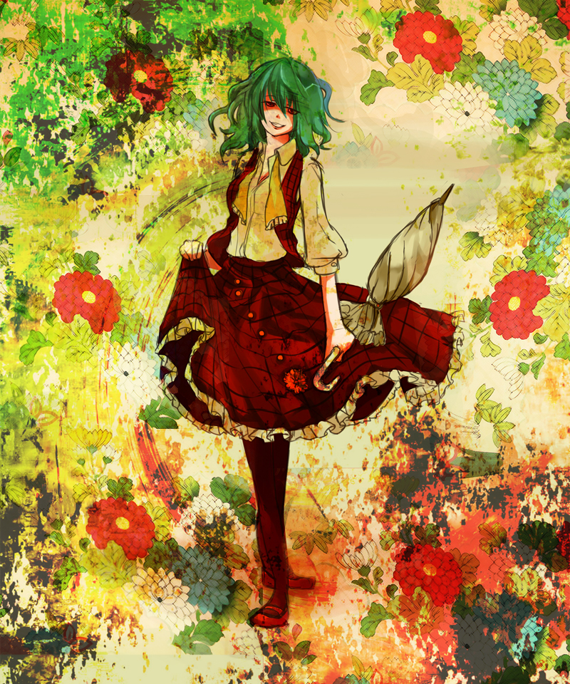 kongara, yugemu, kazami yuuka, touhou, untied, bad id, bad pixiv id, 1girl, ascot, black pantyhose, closed umbrella, colorful, female focus, flower, full body, green hair, grin, lips, pantyhose, parasol, plaid clothes, plaid skirt, plaid vest, red eyes, shaded face, shoes, short hair, skirt, skirt set, smile, solo, standing, teeth, umbrella, vest